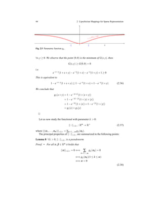 44 2 Lipschitzian Mappings for Sparse Representation
1−e−λ|z| (1+λ|z|)
1
λ
− 1
λ x
Fig. 2.5 Parametric function gλ .
∀x,y ≥ 0. We observe that the point (0,0) is the minimum of G(x,y), then:
G(x,y) ≥ G(0,0) = 0
i.e.
e−x−y
(1 + x+ y)− e−x
(1 + x)− e−y
(1 + y)+ 1 ≥ 0
This is equivalent to
1 − e−x−y
(1 + x+ y) ≤ 1 − e−x
(1 + x)+ 1 − e−y
(1 + y) (2.36)
We conclude that
g1(x+ y) = 1 − e−|x+y|
(1 + |x+ y|)
= 1 − e−|x|−|y|
(1 + |x|+ |y|)
= 1 − e−|x|
(1 + |x|)+ 1 − e−|y|
(1 + |y|)
= g1(x)+ g1(y)
⊓⊔
Let us now study the functional with parameter λ > 0:
||·||<λ> : Rm
→ R+
(2.37)
where ||(α1,...,αm)||<λ> = ∑k=1,...,m gλ (αk).
The principal properties of ||·||<λ> are summarized in the following points:
Lemma 8 ∀λ > 0, ||·||<λ> is a pseudonorm
Proof. • For all α,β ∈ Rm it holds that
||α||<λ> = 0 ⇐⇒ ∑
k=1,...,m
gλ (αk) = 0
⇐⇒ gλ (αk)(1 ≤ k ≤ m)
⇐⇒ α = 0
(2.38)
 