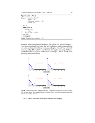 2.6 Sparsity Approximation with Best k-Basis Coefﬁcients 53
Algorithm 4 k-LIMAPS
Require: - dictionary Φ ∈ Rn×m
- signal x ∈ Rn
- least square solution ν = Φ†x
- sparsity level k
1: α ← ν
2: while [ cond ] do
3: σ ← sort (|α|)
4: λ ← 1/σk+1
5: α ← α −P α ⊙e−λ| ˆα|
6: end while
7: ˆα ← PCk
(α)
Ensure: An approximate solution ˆα ∈ Ck.
have some noise among the null coefﬁcients, that is those with indices in the set Λc.
However, experimentally we found that such coefﬁcients reach arbitrary close to
zero values as the number of loops increases, making the threshold step not strictly
necessary. In Fig. 2.8 we plot the α coefﬁcients showing thus annealing-like behav-
ior which hits the not required coefﬁcients exhibited by k-LIMAPS already at the
beginning of the ﬁrst iterations.
1 15 10 15 20 25 30 1 15 10 15 20 25 30
1 15 10 15 20 25 30 1 15 10 15 20 25 30
σ15
= 0.0103 σ30
= 7.72e−04
σ15
= 0.0191 σ30
= 0.0039
Sparsity k = 10
Sparsity k = 20
Fig. 2.8 Sorted absolute values of the α coefﬁcients. The red stencils represent the absolute values
of σt at varius times. They separate the null coefﬁcients (black stencils) from the absolute values
of those not null (blue stencils).
The k-LIMAPS algorithm relies on the nonlinear self-mapping
 
