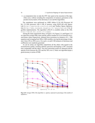 56 2 Lipschitzian Mappings for Sparse Representation
2. as computation time we take the CPU time spent in the execution of the algo-
rithm cores, without including the computation of instances generation or the
pseudo-inverse matrix of the dictionary in our and SL0 algorithms.
The simulations were performed on AMD Athlon II X4 630 Processor 64
bit, 2.8 GHz processor with 4 GB of memory, using MATLAB with Sparse-
Lab (http://sparselab.stanford.edu) and Toolbox Sparse Optimiza-
tion (http://www.ceremade.dauphine.fr/˜peyre/matlab/) for al-
gorithm implementation. The algorithm LIMAPS is available online at the URL
http://dalab.dsi.unimi.it/limaps.
Among the many experiments done, in Figure 2.10, Figure 2.11 and Figure 2.12
we report the average SNR, times and the relative number (in %) of correctly recov-
ered atoms values respectively, obtained from executions on instances of n = 200
equations and m ranging from 300 to 1400 variables, moving the percentage of spar-
sity k from 10% to 50% over n. For each n,m and k 100 instances of dictionary and
coefﬁcients were randomly generated.
As can be noted, our algorithm outperforms all the others with regard to the
reconstruction quality, reaching arbitrary precision and keeping a CPU execution
time comparable with the others. The most interesting results are obtained with the
sparsity levels between the 30% and the 50% over n, where our algorithm keeps a
good accuracy in terms of SNR.
10 15 20 25 30
0
50
100
150
200
250
300
350
Sparsity (% of n)
SignalNoiseRatio(SNR)
LiMapS
SL0
LARS
LASSO
MP
OMP
StOMP
ISL0
AIHT
IST
Fig. 2.10 Averages SNR of the algorithms vs. sparsity, expressed in percentage of the number of
equations n.
 