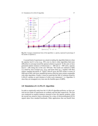 2.8 Simulation of k-LIMAPS Algorithm 57
10 15 20 25 30
0
0.5
1
1.5
2
2.5
3
3.5
4
4.5
5
Sparsity (% of n)
Time(sec.)
LiMapS
SL0
LARS
LASSO
MP
OMP
StOMP
ISL0
AIHT
IST
Fig. 2.11 Averages computational times of the algorithms vs. sparsity, expressed in percentage of
the number of equations n.
A second kind of experiment was aimed at studing the algorithm behavior when
the sparsity level k is low (e.g., 50% over n), that is when algorithms ﬁnd more
difﬁculties to converge toward the sparsest solution in general. To this end, we have
generated random instances of dimensions n = 400 and m = 800 with a sparsity
level k = 200, doing also in this case 100 trials. The results are outlined in Table
2.2, listed by error averages µSSE,µSNR and mean times µtime together with their
relative standard deviations σ. Again LIMAPS gives the best results in terms of
SNR and of SSE with lower standard deviations while the times remain comparable
with other algorithms. Finally, it must be noted that the SSE of solutions found by
LIMAPS vanishes at each iteration of while cycle (statement 1: in Algorithm 1)
since they are remapped every time onto the feasible space of (BP0).
2.8 Simulation of k-LIMAPS Algorithm
In order to empirically study how the k-LIMAPS algorithm performs, we have car-
ried out two kinds of experiments on synthetic and real data respectively. The ﬁrst
was conducted on random instances assumed to have the sparsity property, while
the second was aimed to learn a dictionary for a class of electrocardiogram (ECG)
signals taken from standard benchmark. Other applications that can beneﬁt from
 