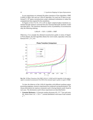 64 2 Lipschitzian Mappings for Sparse Representation
In our experiments we estimated the phase transition of four algorithms: OMP,
LASSO (LARS), SL0 and our LIMAPS algorithm. For each one of them we per-
formed 9 ∗ 106
sparse reconstructions using a dedicated workstation to reduce the
computational time required for the simulations.
In Figures 2.16,2.17,2.18, 2.19, 2.20 we depict empirical phase transitions es-
timated through instances extracted from the Gaussian-Bernoulli stochastic model
described above. The transitions obtained in terms of probability of reconstruction
obey the following ordering:
LIMAPS > SL0 > LASSO > OMP
Otherwise, if we consider the obtained reconstruction quality in terms of Signal-
to-Noise-Ration, the SL0 algorithm obtains the worst results, especially in the area
between 0.01 ≤ δ ≤ 0.8.
0.01 0.11 0.22 0.33 44 0.55 0.66 0.77 0.88 1
0
0.1
0.2
0.3
0.4
0.5
0.6
0.7
0.8
0.9
1.0
δ = n
m
ρ=k
n
Phase Transition Comparison
LiMapS
OMP
SL0
LASSO
Fig. 2.16 1D Phase Transition of the OMP, LIMAPS , LASSO and SL0 algorithm. In this graph, a
signal is considered reconstructed if the SNR of the estimated signal is greater or equal to 100dB.
To show the behavior of the LIMAPS algorithm with different nonlinear sparse
promoting mappings, extensive experiments are conducted varying dictionaries. The
chosen dictionaries are matrices commonly used or having features easily found in
real cases. The dictionaries used in these experiments are described below:
• Gaussian Dictionary: A Gaussian random dictionary Φ ∈ Rn×m has each entry
Φi,j drawn from i.i.d. N (0,n−1) normal distribution with mean 0 and variance
n−1.
 