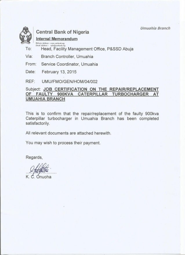 JOB COMPLETION CERTIFICATE ON TURBOCHARGER REPLACEMENT