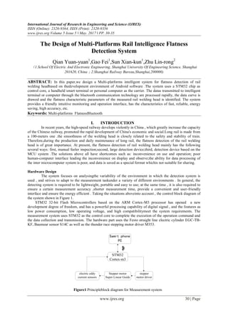 International Journal of Research in Engineering and Science (IJRES)
ISSN (Online): 2320-9364, ISSN (Print): 2320-9356
www.ijres.org Volume 5 Issue 5 ǁ May. 2017 ǁ PP. 30-35
www.ijres.org 30 | Page
The Design of Multi-Platforms Rail Intelligence Flatness
Detection System
Qian Yuan-yuan1
,Gao Fei1
,Sun Xian-kun1
,Zhu Lin-rong2
（1.School Of Electric And Electronic Engineering, Shanghai University Of Engineering Science, Shanghai
201620, China；2.Shanghai Railway Bureau,Shanghai,200000)
ABSTRACT: In this paper,we design a Multi-platforms intelligent system for flatness detection of rail
welding headbased on thedevelopment environment of Android software .The system uses a STM32 chip as
control core, a handheld smart terminal or personal computer as the carrier. The datas transmitted to intelligent
terminal or computer through the bluetooth communication technology are processed rapidly, the data curve is
drawed and the flatness characteristic parameters of the measured rail welding head is identified. The system
provides a friendly intuitive monitoring and operation interface, has the characteristics of fast, reliable, energy
saving, high accuracy, etc.
Keywords: Multi-platforms FlatnessBluetooth
I. INTRODUCTION
In recent years, the high-speed railway develops violently in China , which greatly increase the capacity
of the Chinese railway, promoted the rapid development of China's economic and social.Long rail is made from
a 100-meters one .the smoothness of the welding head is closely related to the safety and stability of train.
Therefore,during the production and daily maintenance of long rail, the flatness detection of the rail welding
head is of great importance. At present, the flatness detection of rail welding head mainly has the following
several ways: first, manual feeler inspection;second, large detection device;third, detection device based on the
MCU system .The solutions above all have shortcomes such as: inconvenience on use and operation; poor
human-computer interface leading the inconvenience on display and observe;the ability for data processing of
the inter microcomputer system is poor, and data is saved as a special format whichis not suitable for sharing.
Hardware Design
The system focuses on analysingthe variability of the environment in which the detection system is
used , and strives to adapt to the measurement taskunder a variety of different environments . In general, the
detecting system is required to be lightweight, portable and easy to use; at the same time , it is also required to
ensure a certain measurement accuracy ,shorter measurement time, provide a convenient and user-friendly
interface and ensure the energy efficient . Taking the situations aboveinto account , the control block diagram of
the system shown in Figure 1.
STM32 32-bit Flash Microcontrollers based on the ARM Cortex-M3 processor has opened a new
development degree of freedom, and has a powerful processing capability of digital signal , and the features as
low power consumption, low operating voltage, and high compatibilitymeet the system requirements. The
measurement system uses STM32 as the control core to complete the execution of the operation command and
the data collection and transmission. The hardware part uses the Festo straight line electric cylinder EGC-TB-
KF, Baumear sensor S14C as well as the thunder race stepping motor driver M353.
Samrt phone
PC
STM32
Cortex-m3
Stepper motor
Super Linear Guide
stepper
motor driver
electric eddy
current sensors
Figure1 Principleblock diagram for Measurement system
 