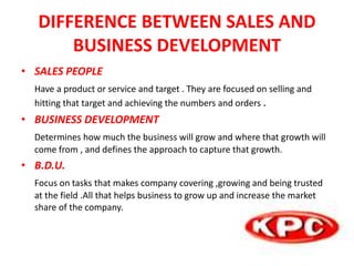 DIFFERENCE BETWEEN SALES AND
BUSINESS DEVELOPMENT
• SALES PEOPLE
Have a product or service and target . They are focused on selling and
hitting that target and achieving the numbers and orders .
• BUSINESS DEVELOPMENT
Determines how much the business will grow and where that growth will
come from , and defines the approach to capture that growth.
• B.D.U.
Focus on tasks that makes company covering ,growing and being trusted
at the field .All that helps business to grow up and increase the market
share of the company.
 