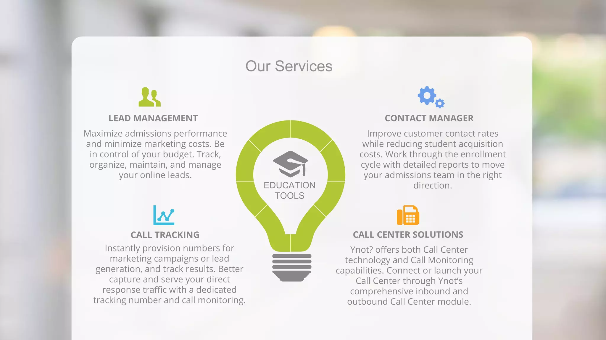 LEAD MANAGEMENT CONTACT MANAGER
CALL CENTER SOLUTIONSCALL TRACKING
Maximize admissions performance
and minimize marketing costs. Be
in control of your budget. Track,
organize, maintain, and manage
your online leads.
Improve customer contact rates
while reducing student acquisition
costs. Work through the enrollment
cycle with detailed reports to move
your admissions team in the right
direction.
Instantly provision numbers for
marketing campaigns or lead
generation, and track results. Better
capture and serve your direct
response traffic with a dedicated
tracking number and call monitoring.
Ynot? offers both Call Center
technology and Call Monitoring
capabilities. Connect or launch your
Call Center through Ynot’s
comprehensive inbound and
outbound Call Center module.
Our Services
EDUCATION
TOOLS
 