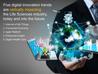Five digital innovation trends
are radically impacting
the Life Sciences industry,
today and into the future.
1. Internet of My Things
2. Connected Economy
3. Agile Platform
4. Enterprise Insight
5. Digital Health Care
 
