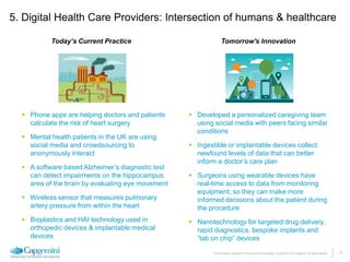 21The information contained in this document is proprietary. Copyright © 2015 Capgemini. All rights reserved.
 Phone apps are helping doctors and patients
calculate the risk of heart surgery
 Mental health patients in the UK are using
social media and crowdsourcing to
anonymously interact
 A software based Alzheimer’s diagnostic test
can detect impairments on the hippocampus
area of the brain by evaluating eye movement
 Wireless sensor that measures pulmonary
artery pressure from within the heart
 Bioplastics and HAI technology used in
orthopedic devices & implantable medical
devices
 Developed a personalized caregiving team
using social media with peers facing similar
conditions
 Ingestible or implantable devices collect
newfound levels of data that can better
inform a doctor’s care plan
 Surgeons using wearable devices have
real-time access to data from monitoring
equipment, so they can make more
informed decisions about the patient during
the procedure
 Nanotechnology for targeted drug delivery,
rapid diagnostics, bespoke implants and
“lab on chip” devices
Today’s Current Practice Tomorrow's Innovation
5. Digital Health Care Providers: Intersection of humans & healthcare
 