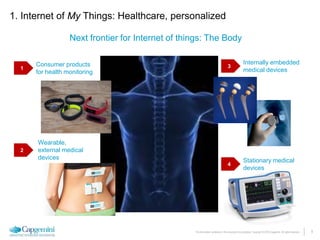 6The information contained in this document is proprietary. Copyright © 2015 Capgemini. All rights reserved.
Next frontier for Internet of things: The Body
1. Internet of My Things: Healthcare, personalized
1
2
4
Consumer products
for health monitoring
Wearable,
external medical
devices
Internally embedded
medical devices
Stationary medical
devices
3
 