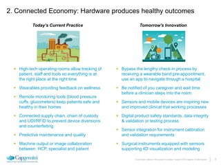 8The information contained in this document is proprietary. Copyright © 2015 Capgemini. All rights reserved.
 High-tech operating rooms allow tracking of
patient, staff and tools so everything is at
the right place at the right time
 Wearables providing feedback on wellness
 Remote monitoring tools (blood pressure
cuffs, glucometers) keep patients safe and
healthy in their homes
 Connected supply chain, chain of custody
and UDI/RFID to prevent device diversions
and counterfeiting
 Predictive maintenance and quality
 Machine output or image collaboration
between HCP, specialist and patient
 Bypass the lengthy check-in process by
receiving a wearable band pre-appointment,
use an app to navigate through a hospital
 Be notified of you caregiver and wait time
before a clinician steps into the room
 Sensors and mobile devices are inspiring new
and improved clinical trial working processes
 Digital product safety standards, data integrity
& validation or testing process
 Sensor integration for instrument calibration
and validation requirements
 Surgical instruments equipped with sensors
supporting 4D visualization and modeling
Today’s Current Practice Tomorrow's Innovation
2. Connected Economy: Hardware produces healthy outcomes
 