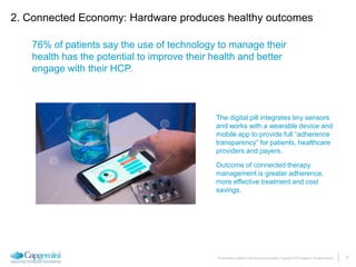 9The information contained in this document is proprietary. Copyright © 2015 Capgemini. All rights reserved.
2. Connected Economy: Hardware produces healthy outcomes
76% of patients say the use of technology to manage their
health has the potential to improve their health and better
engage with their HCP.
The digital pill integrates tiny sensors
and works with a wearable device and
mobile app to provide full “adherence
transparency” for patients, healthcare
providers and payers.
Outcome of connected therapy
management is greater adherence,
more effective treatment and cost
savings.
 