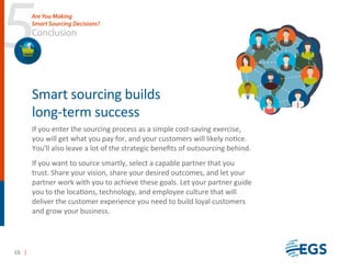 5
16 |
Smart sourcing builds
long-term success
If you enter the sourcing process as a simple cost-saving exercise,
you will get what you pay for, and your customers will likely notice.
You'll also leave a lot of the strategic beneﬁts of outsourcing behind.
If you want to source smartly, select a capable partner that you
trust. Share your vision, share your desired outcomes, and let your
partner work with you to achieve these goals. Let your partner guide
you to the locations, technology, and employee culture that will
deliver the customer experience you need to build loyal customers
and grow your business.
Conclusion
Are You Making
Smart Sourcing Decisions?
 