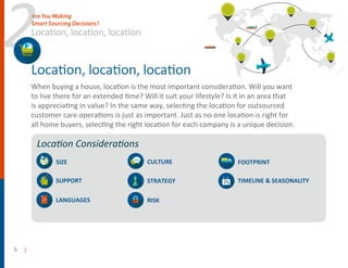 Location, location, location
When buying a house, location is the most important consideration. Will you want
to live there for an extended time? Will it suit your lifestyle? Is it in an area that
is appreciating in value? In the same way, selecting the location for outsourced
customer care operations is just as important. Just as no one location is right for
all home buyers, selecting the right location for each company is a unique decision.
5 |
SIZE
SUPPORT
LANGUAGES
CULTURE
STRATEGY
RISK
Location Considerations
Location, location, location
Are You Making
Smart Sourcing Decisions?
2
FOOTPRINT
TIMELINE & SEASONALITY
 