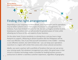Finding the right arrangement
Depending on your responses to these details, your organization and its operations
may be better suited to one or more types of outsourcing arrangements. For
instance, if you have limited tolerance for risk, but are not hugely sensitive to price,
keeping your operations onshore will provide the greatest peace of mind, while
allowing you to focus on the core aspects of your business.
On the other hand, if price sensitivity is a driving force, and you have a large
footprint to support, oﬀshoring to distant locations like the Philippines will be
most cost eﬀective. And, if you ﬁnd yourself somewhere in the middle—needing
a cost-eﬀective solution, but with limited risk—you can keep your operations
nearshore in a region with similar time zones and a close cultural connection.
Ideally, you want a partner with a portfolio of locations that you can use across
your varying needs. But whatever arrangement you select, the good news is that
virtual co-location technology makes it possible for leading business process
outsourcers to deliver a seamless customer experience, regardless of geography.
7 |
Location, location, location
Are You Making
Smart Sourcing Decisions?
 
