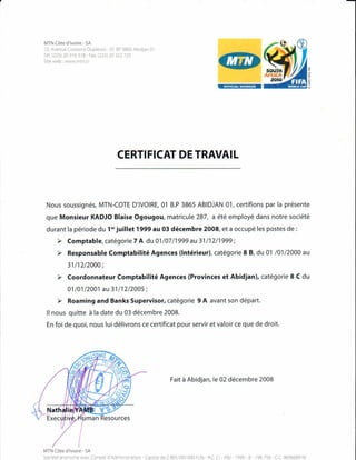 Certificat de travail MTN