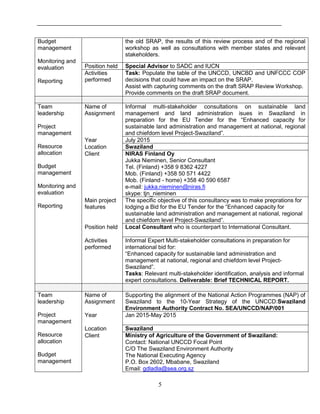 5
Budget
management
Monitoring and
evaluation
Reporting
the old SRAP, the results of this review process and of the regional
workshop as well as consultations with member states and relevant
stakeholders.
Position held Special Advisor to SADC and IUCN
Activities
performed
Task: Populate the table of the UNCCD, UNCBD and UNFCCC COP
decisions that could have an impact on the SRAP.
Assist with capturing comments on the draft SRAP Review Workshop.
Provide comments on the draft SRAP document.
Team
leadership
Project
management
Resource
allocation
Budget
management
Monitoring and
evaluation
Reporting
Name of
Assignment
Informal multi-stakeholder consultations on sustainable land
management and land administration isues in Swaziland in
preparation for the EU Tender for the “Enhanced capacity for
sustainable land administration and management at national, regional
and chiefdom level Project-Swaziland”.
Year July 2015
Location Swaziland
Client NIRAS Finland Oy
Jukka Nieminen, Senior Consultant
Tel. (Finland) +358 9 8362 4227
Mob. (Finland) +358 50 571 4422
Mob. (Finland - home) +358 40 590 6587
e-mail: jukka.nieminen@niras.fi
skype: tjn_nieminen
Main project
features
The specific objective of this consultancy was to make preprations for
lodging a Bid for the EU Tender for the “Enhanced capacity for
sustainable land administration and management at national, regional
and chiefdom level Project-Swaziland”.
Position held Local Consultant who is counterpart to International Consultant.
Activities
performed
Informal Expert Multi-stakeholder consultations in preparation for
international bid for:
“Enhanced capacity for sustainable land administration and
management at national, regional and chiefdom level Project-
Swaziland”.
Tasks: Relevant multi-stakeholder identification, analysis and informal
expert consultations. Deliverable: Brief TECHNICAL REPORT.
Team
leadership
Project
management
Resource
allocation
Budget
management
Name of
Assignment
Supporting the alignment of the National Action Programmes (NAP) of
Swaziland to the 10-Year Strategy of the UNCCD:Swaziland
Environment Authority Contract No. SEA/UNCCD/NAP/001
Year Jan 2015-May 2015
Location Swaziland
Client Ministry of Agriculture of the Government of Swaziland:
Contact: National UNCCD Focal Point
C/O The Swaziland Environment Authority
The National Executing Agency
P.O. Box 2602, Mbabane, Swaziland
Email: gdladla@sea.org.sz
 