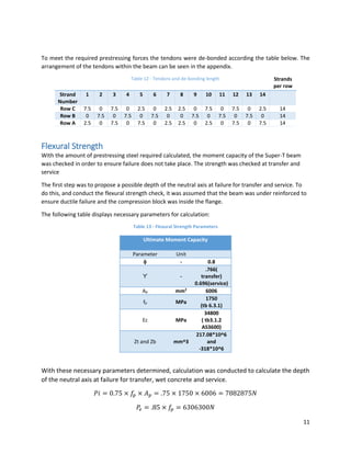 11
To meet the required prestressing forces the tendons were de-bonded according the table below. The
arrangement of the tendons within the beam can be seen in the appendix.
Table 12 - Tendons and de-bonding length Strands
per row
Strand
Number
1 2 3 4 5 6 7 8 9 10 11 12 13 14
Row C 7.5 0 7.5 0 2.5 0 2.5 2.5 0 7.5 0 7.5 0 2.5 14
Row B 0 7.5 0 7.5 0 7.5 0 0 7.5 0 7.5 0 7.5 0 14
Row A 2.5 0 7.5 0 7.5 0 2.5 2.5 0 2.5 0 7.5 0 7.5 14
Flexural Strength
With the amount of prestressing steel required calculated, the moment capacity of the Super-T beam
was checked in order to ensure failure does not take place. The strength was checked at transfer and
service
The first step was to propose a possible depth of the neutral axis at failure for transfer and service. To
do this, and conduct the flexural strength check, it was assumed that the beam was under reinforced to
ensure ductile failure and the compression block was inside the flange.
The following table displays necessary parameters for calculation:
Table 13 - Flexural Strength Parameters
Ultimate Moment Capacity
Parameter Unit
ϕ - 0.8
ϒ -
.766(
transfer)
0.696(service)
Ap mm2
6006
fp MPa
1750
(tb 6.3.1)
Ec MPa
34800
( tb3.1.2
AS3600)
Zt and Zb mm^3
217.08*10^6
and
-318*10^6
With these necessary parameters determined, calculation was conducted to calculate the depth
of the neutral axis at failure for transfer, wet concrete and service.
𝑃𝑖 = 0.75 × 𝑓𝑝 × 𝐴 𝑝 = .75 × 1750 × 6006 = 7882875𝑁
𝑃𝑒 = .85 × 𝑓𝑝 = 6306300𝑁
 