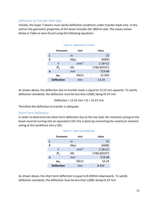 23
Deflection at Transfer With Slab
Initially, the Super T-beams must satisfy deflection conditions under transfer loads only. In this
section the geometric properties of the beam includes the 180mm slab. The values shown
below in Table xx were found using the following equations.
Table 16 - Deflection at Transfer
Parameter Unit Value
L m 25
E Mpa 34800
I 𝑚𝑚4
2.18+11
𝑷 𝒆 KN 5780.895973
e mm -719.48
weq KN/m 21.904
Deflection mm -13.24
As shown above, the deflection due to transfer loads is equal to 13.25 mm upwards. To satisfy
deflection standards, the deflection must be less than L/600, being 41.67 mm
Deflection = 13.25 mm < Dl = 41.67 mm
Therefore the deflection at transfer is adequate.
Short-Term Deflection
In order to determine the short-term deflection due to the live load, the moments acting on the
beam must be turning into an equivalent UDL this is done by converting the maximum moment
acting at SLS conditions into a UDL.
Table 17 - Short Term Deflection
Parameter Unit Value
L m 25
E Mpa 34800
I 𝑚𝑚4
2.18+11
𝑷 𝒆 KN 5780.895973
e mm -719.48
weq KN/m 54.24
Deflection mm 8.459
As shown above, the short term deflection is equal to 8.459mm downwards. To satisfy
deflection standards, the deflection must be less than L/600, being 41.67 mm
 