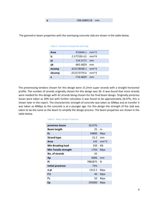 4
e -306.6689118 mm
The geometric beam properties with the overlaying concrete slab are shown in the table below.
The prestressing tendons chosen for this design were 15.2mm super strands with a straight horizontal
profile. The number of strands originally chosen for this design was 36. It was found that more strands
were needed for this design with 42 strands being chosen for the final beam design. Originally prestress
losses were taken as 20% but with further calculates it was found to be approximately 26.67%, this is
shown later in the report. The characteristic strength of concrete was taken as 50Mpa and at transfer it
was taken as 40Mpa as the concrete is at a younger age. For this design the strength of the slab was
taken to be the same as the beam to simplify the design process. The beam properties are shown in the
table below.
Table 4 - Beam Design Properties
prestress losses 26.67%
Beam length 25 m
Ec 34800 Mpa
Strand type 15.2 mm
Area 143 mm^2
Min Breaking load 250 KN
Min Tensile strength 1750 Mpa
No. of strands 42
Ap 6006 mm
Pi 7882875 N
Initial prestress 75%
σ pi 1312.5 Mpa
f'ci 40 Mpa
f'c 50 Mpa
Ep 195000 Mpa
Table 3 - Geometric properties with slab
Area 915644.1 mm^2
Iz 2.17733E+11 mm^4
yt 514.5171 mm
yb -865.4829 mm
ztcomp 423178938.1 mm^3
zbcomp -251573774.6 mm^3
e -719.4829 mm
 