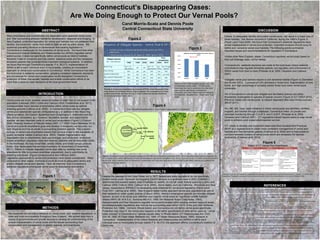 Connecticut’s Disappearing Oases:
Are We Doing Enough to Protect Our Vernal Pools?
ABSTRACT
INTRODUCTION
REFERENCES
RESULTS
DISCUSSION
METHODS
Many amphibians and invertebrates are dependent upon seasonal vernal pools
and their surrounding arboreal habitat for development, dispersal and foraging. In
New England, protective legislation for vernal pool habitats has not paralleled their
decline, and protection varies from state to state as well as within states. We
examined prevailing literature to demonstrate that existing legislation in
Connecticut is inadequate for the protection of vernal pools. We found that while
Connecticut’s Inlands Wetlands and Watercourses Act (IWWA) regulates vernal
watercourses, it does not specifically define vernal pools as distinct habitats;
therefore it fails to recognize and fully protect seasonal pools and the necessary
terrestrial uplands that comprise these important ecological systems. In addition,
we found that through Connecticut’s statute, P.A. 95-313, implementation of
IWWA is left to each individual town or municipality, creating an inconsistent
approach to vernal pool conservation in Connecticut. While Connecticut has been
the forerunner in wetlands conservation, adopting consistent statewide standards
and procedures for vernal pool conservation would strengthen Connecticut’s
protection of these vital aquatic habitats and enable conservation efforts to be
more than a case-by-case decisions at the local government level.
Vernal pools are small, isolated, seasonal bodies of water that do not support a fish
population (Leibowitz 2003; Lichko and Calhoun 2003, Freidenfelds et al. 2011),
consequentially many species of amphibians utilize vernal pools as optimal
breeding grounds (Lathrop et al. 2005). In Connecticut there are four obligate
vernal pool salamander species (Ambystoma sp.), in addition to the Wood frog
(Rana sylvatica), the Eastern Spadefoot toad (Scaphiopus h. holbrookii) and the
fairy shrimp (Anostraca sp.); however, facultative species and opportunistic
species are also important parts of vernal pool ecosystems (Figure 1) (Colburn
2004, Peabody Museum of Natural History 2007, CT DEEP Inland Wetlands 2012).
Larval and juvenile amphibians grow and develop in temporary vernal pools, but
later disperse and live as adults in surrounding forested uplands. This complex
ecology of vernal pool amphibians means their survival is tied to the availability of
quality terrestrial habitat (Calhoun et al. 2005). Habitat fragmentation and
degradation due to urbanization, land-use changes, and silviculture profoundly
impact amphibian population sizes and diversity (Baldwin and de Maynadier 2009).
In the Northeast, the loss of leaf litter, woody debris, and forest canopy produce
hotter, drier landscapes that are less hospitable for amphibians (Friedenfelds
2011). Efforts to mitigate degraded vernal pool sites by creating new pools
elsewhere do little to increase amphibian populations due to pool-fidelity by
breeding individuals (Figure 2)(Vasconcelos and Calhoun 2004).
Legislative approaches to vernal pool protection have varied considerably. When
compared to other states, Connecticut could do more to adequately define and
protect obligate vernal pool species. Here we examine how Connecticut’s
wetlands regulations predispose vernal pools to disturbance and decline.
We examined the prevailing literature on vernal pools and wetland regulations in
state and local municipalities throughout New England. We utilized data from a
variety of governmental and private sources to develop an understanding of the
unique characteristics of vernal pools and the issues surrounding their
conservation and management on global, regional, and local levels.
1. Baldwin, R. F., and P. G. deMaynadier. 2009. Assessing threats to pool-breeding amphibian habitat in an urbanizing landscape. Biological Conservation 142:1628-1638.
2. Berkshire Environmental Action Team. 2011. [http://www.thebeatnews.org/BeatTeam/ge-video-debunked-beat/] (Accessed: 03 Mar 2013).
3. Brooks, R. T., and P. W. C. Paton. 2005. Introduction to the symposium: woodland vernal pools in northern temperate forests. Wetlands Ecology and Management 13:211-
212.
4. Butler, BJ, C..J. Barnett, S.J. Crocker and others. 2011. The Forests of Southern New England, 2007. A Report on the Forest Resources of Connecticut, Massachusetts, and
Rhode Island. The U.S. Forest Service, Newtown Square, Pennsylvania. 48pp.
5. Calhoun, A. J. K., N. A. Miller, and M. W. Klemens. 2005. Conserving pool-breeding amphibians in human-dominated landscapes through local implementation of Best
Development Practices. Wetlands Ecology and Management 13:291-304.
6. Colburn, E.A. 2004. Vernal Pools Natural History and Conservation. The McDonald & Woodward Publishing Company, Blacksburg, Virginia. 426 pp.
7. Connecticut Department of Energy and Environmental Protection. 2010. Endangered, Threatened, and Special Concern Species Brochure . State of Connecticut Department
of Environmental Protection Bureau of Natural Resources., Hartford, CT. 20 pp.
8. Connecticut Department of Energy and Environmental Protection. Inland Wetlands. 2012. Is It A Vernal Pool?
[http://www.ct.gov/deep/lib/deep/water_inland/wetlands/2012vernalpoolecologygruner.pdf] (Date accessed: 20 Feb 2013).
9. Freeman, R. C., K. P. Bell, A. J. K. Calhoun, and C. S. Loftin. 2012. Incorporating economic models into seasonal pool conservation planning. Wetlands 32:509-520.
10. Freidenfelds, N. A., J. L. Purrenhage, and K. J. Babbit. 2011. The effects of clear cuts and forest buffer size on post-breeding emigration of adult wood frogs (Lithobates
sylvaticus). Forest Ecology and Management 261:2115-2122.
11. Lathrop, R.G., P. Montesano, J. Tesauro, and B. Zarate. 2005. Statewide mapping and assessment of vernal pools: a New Jersey case study. Journal of Environmental
Management 76:230-238.
12. Leibowitz, S.G. 2003. Isolated wetlands and their functions: an ecological perspective. Wetlands 23:517-531.
13. Lichko, L.E. and A.J.K. Calhoun. 2003. An evaluation of vernal pool creation projects in New England: Project Documentation from 1991-2000. Environmental Management
32:141-151.
14. McGreavy, B., T. Webler, and A. J. K. Calhoun. 2012. Science communication and vernal pool conservation: A study of local decision maker attitudes in a knowledge-action
system. Journal of Environmental Management 95:1-8.
15. Oscarson, D. B., and A. J. K. Calhoun. 2007. Developing vernal pool conservation plans at the local level using citizen scientists. Wetlands 27:80-95.
16. Pacer Land Trust. 2009. Loss of Central Valley Vernal Pools Land Conversion, Mitigation Requirements, and Preserve Effectiveness. AECOM, Sacramento, CA. 16pp.
17. Preisser, E.L. , J.Y. Kefer, and J.D. Lawrence. 2000. Vernal Pool. Conservation in Connecticut: an assessment and recommendations. Environmental Management 26:503-
513.
18. Semlitsch, R.D. and J.R. Bodie. 2003. Biological criteria for buffer zones around wetlands and riparian habitats for amphibians and reptiles. Conservation Biology 17:1219-
1228.
19. Vasconcelos, D., and A. J. K. Calhoun. 2004. Movement patterns of adult and juvenile wood frogs (Rana sylvantica) and spotted salamanders (Ambystoma maculatum) in
three stored vernal pools. Journal of Herpetology 38:551-561.
20. Veysey, J. S., S. D. Mattfeldt, and K. J. Babbitt. 2011. Comparative influence of isolation, landscape, and wetland characteristics on egg-mass abundance of two pool-
breeding amphibian species. Landscape Ecology 26:661-672.
21. Yale Peabody Museum of Natural History. 2013. Connecticut Amphibian Monitoring Project. [http;//peabody.yale.edu/collections/vertebrates] (Date accessed: 20 Feb 2013).
Despite the passage of the Clean Water Act in 1977, federal and state regulations do not specifically
protect vernal pools; moreover the Supreme Court’s decision in a landmark case in 2001 (SWANCC)
determined that isolated waters, even if habitats for wildlife, do not fall under federal authority (Lichko and
Calhoun 2003, Colburn 2004, Calhoun et al. 2005). Some states, such as California , Wisconsin and New
Jersey, responded to SWANCC by developing state initiatives for vernal pool legislation (Pacer Land
Trust 2001, Lathrop et al. 2005). New England states mostly approach vernal pool regulations as part of
their wetlands or water quality policies (Colburn 2004). Maine’s endangered species act includes obligate
species as part of its vernal pool definition and regards vernal pools as “significant wildlife habitats”
(Maine NRPA 38; M.R.S.A., Sections 480-A-Y, 1996; NH Wetlands Board Code Rules, 1993).
Massachusetts and New Hampshire regulate vernal pools located within existing wetland resource areas,
but Massachusetts regulations also include the surrounding area within 100 ft. of the pool (MA Wetlands
Protection Act, 1996). Vermont, Rhode Island, and Connecticut do not define vernal pools specifically.
Protection may occur if the vernal pool happens to fall within specification of other terms ,such as “ vernal
water courses” in Connecticut or “special aquatic sites” in Rhode Island (CT Watercourses Act, CGS,
22A-36, 1995; RI Fresh Water Wetlands Act, 1994; VT Water Resources Board, 1990). However in
Connecticut , implementation of the Inland Wetlands and Watercourses Act (IWWA) is left to each
individual town or municipality through statute P.A. 95-313; this approach affirms Connecticut's tradition of
home-rule.
Failure to adequately identify and protect vernal pools can result in a major loss of
these habitats ; this decline occurred in California during the 1990’s (Figure 3)
(Pacer Land Trust 2009). We found that Connecticut’s wetlands regulations have
similar inadequacies in vernal pool protection. Important revisions should occur to
define and conserve vernal pool habitats. The following points summarize
important issues and recommendations for regulation in Connecticut.
•Unlike other New England states, Connecticut regulates vernal pools based on
their soil drainage class, not by habitat.
•Connecticut’s wetlands decisions are made at the local level; inland wetlands
commissions may regulate terrestrial uplands, but regulation and enforcement of
IWWA varies from town to town (Preisser et al. 2000, Oscarson and Calhoun
2007).
•Obligate vernal pool species require a core terrestrial habitat (Figure 4) (Semelitch
and Brodie 2003). Connecticut’s 8% decrease in forest land, fragmentation of core
forest, and high percentage of privately owned forest land make vernal pools
vulnerable.
•All of Connecticut’s vernal pool obligate and facultative species are either
threatened, endangered or species of special concern (Figure 5) (CT DEEP 2010).
Efforts to create new vernal pools to replace degraded sites have limited success
(BEAT 2011).
•NJ, ME ,MA. have state initiatives in which vernal pools are identified, certified,
mapped ,and tracked through a database; Connecticut relies on private and
volunteer monitoring through C.A.W.S. and C.A.M.P. (Preisser et al. 2000,
Oscarson and Calhoun 2007). CT regulations should require towns to map vernal
pools to enhance pool preservation/species survival.
•CT needs to develop and implement state-wide Best Development Practices
(BDP) at a regional level to obtain more consistent management of vernal pool
habitats and their terrestrial uplands (Calhoun et al. 2005) and to help preserve
corridors between clusters of vernal pools which are necessary for species
biodiversity (Freeman et al. 2012).
Spotted salamander Marble salamander Fairy Shrimp Wood Frog
(Source: http://www.vernalpool.org/vernal_1.htm ; http://www.fcps.edu/islandcreekes/ecology/Amphibians/Wood%20Frog/pcd3912_116.jpg)
Figure 1
Figure 2
Figure 3
Core Terrestrial Requirements vs. Core Forest Fragmentation in Connecticut
Figure 4. Amphibians require core terrestrial ranging from 159-290 meters (Semlitsch and Brodie 2003). Most of Southern New England is forested, but
49 % of forest land is within 300 feet (91.4 meters) of developed or agricultural land (Butler et al. 2011) . Connecticut has 1.7 million acres of forest land
(Butler et al. 2011); however much of Connecticut’s undisturbed core forest land (dark green) has declined (CLEAR 2006), meaning less quality forest
habitat for vernal pool species.
Figure 4
Although 11 species of Connecticut’s amphibians are declining, vernal pool species are of particular concern. (Source: CT DEEP. 2010.
Endangered, Threatened, and Special Concern Species Brochure). http://www.ct.gov/deep/cwp/view.asp?a=2702&q=323486
Figure 5
Status of CT Vernal Pool Amphibians
Results of vernal pool remediation by removal of PCBs in the Housatonic River
show limited but confirmed results of some species: the re-appearance of blue-
spotted salamander and fairy shrimp, 2 of the 6 observed species (Berkshire
Environmental Action Team, 2011).
Since the 1976-1995 baseline period, over 13%
of California’s vernal pools ( 137,000 acres)
have been lost due to conversion to other land
uses such as agriculture, orchards and
vineyards, and urban commercial and industrial
development. (Adapted from: Pacer Land Trust
2009)
Carol Morris-Scata and Dennis Poole
Central Connecticut State University
 
