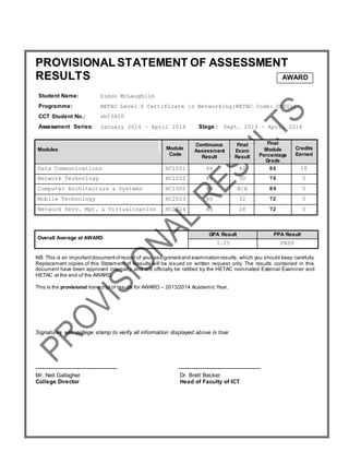PROVISIONAL STATEMENT OF ASSESSMENT
RESULTS AWARD
Student Name: Simon McLaughlin
Programme: HETAC Level 6 Certificate in Networking(HETAC Code: CMS01)
CCT Student No.: sb13420
Assessment Series: January 2014 – April 2014 Stage : Sept. 2013 – April 2014
Modules Module
Code
Continuous
Assessment
Result
Final
Exam
Result
Final
Module
Percentage
Grade
Credits
Earned
Data Communications HC1021 46 40 86 10
Network Technology HC1022 46 30 76 5
Computer Architecture & Systems HC1005 89 N/A 89 5
Mobile Technology HC2023 40 32 72 5
Network Serv. Mgt. & Virtualisation HC2024 44 28 72 5
Overall Average at AWARD
GPA Result PPA Result
3.25 PASS
NB: This is an important documentofrecord of your assignment and examinationresults, which you should keep carefully.
Replacement copies of this Statement of Results will be issued on written request only. The results contained in this
document have been approved internally, and will officially be ratified by the HETAC nominated External Examiner and
HETAC at the end of the AWARD.
This is the provisional transcript of results for AWARD – 2013/2014 Academic Year.
Signatures with college stamp to verify all information displayed above is true:
--------------------------------------- ---------------------------------------
Mr. Neil Gallagher Dr. Brett Becker
College Director Head of Faculty of ICT
 