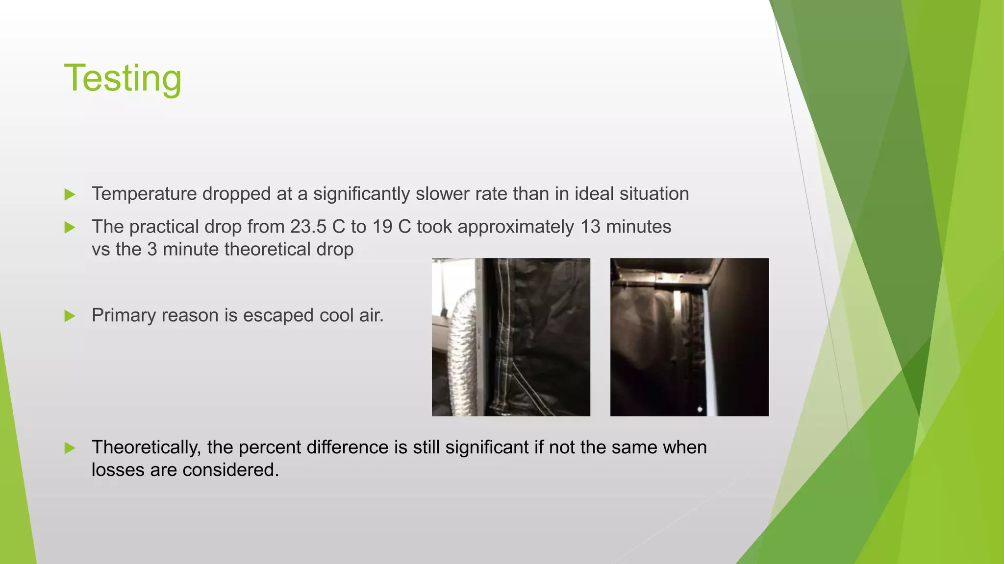 Testing
 Temperature dropped at a significantly slower rate than in ideal situation
 The practical drop from 23.5 C to 19 C took approximately 13 minutes
vs the 3 minute theoretical drop
 Primary reason is escaped cool air.
 Theoretically, the percent difference is still significant if not the same when
losses are considered.
 