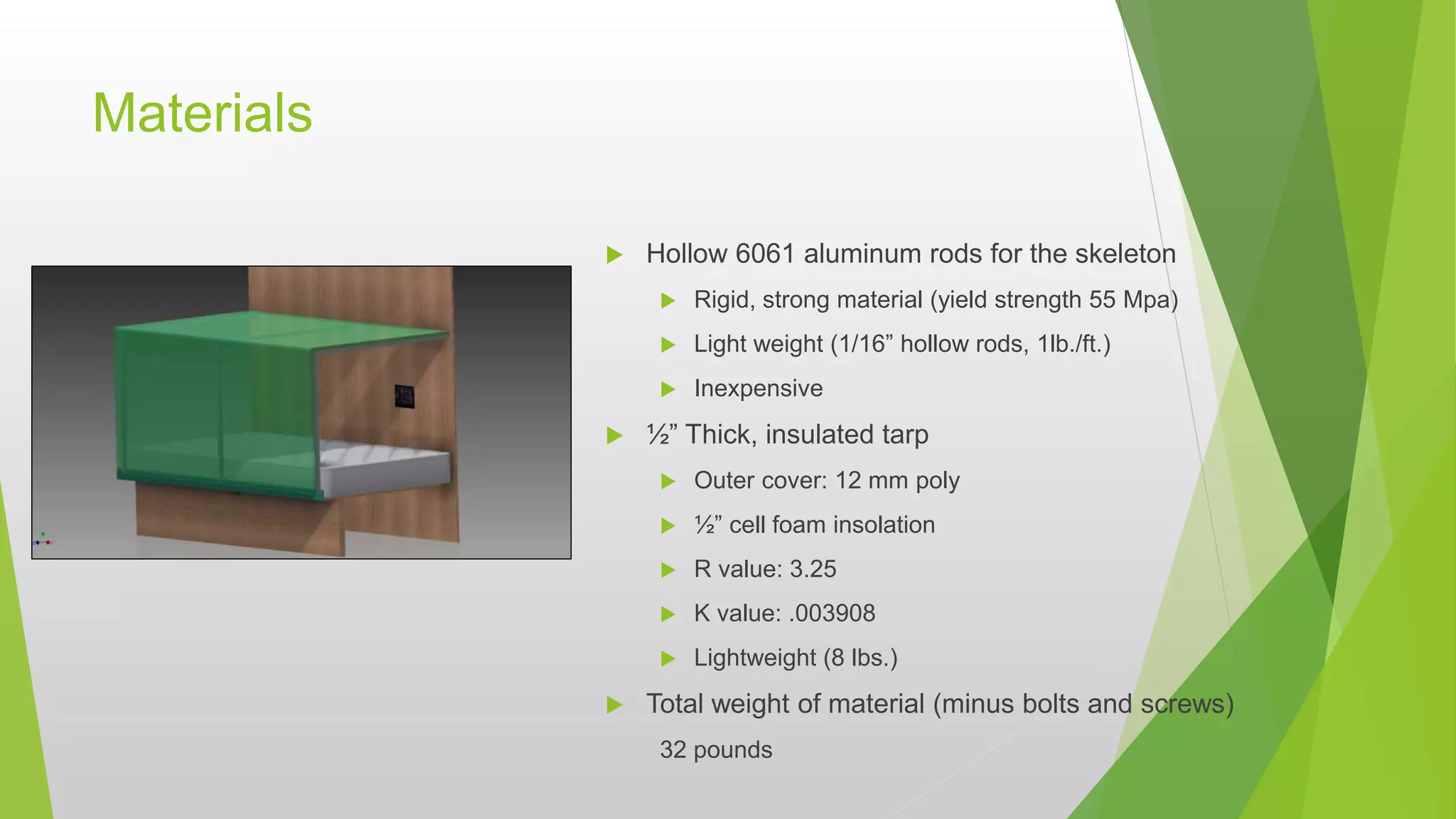 Materials
 Hollow 6061 aluminum rods for the skeleton
 Rigid, strong material (yield strength 55 Mpa)
 Light weight (1/16” hollow rods, 1lb./ft.)
 Inexpensive
 ½” Thick, insulated tarp
 Outer cover: 12 mm poly
 ½” cell foam insolation
 R value: 3.25
 K value: .003908
 Lightweight (8 lbs.)
 Total weight of material (minus bolts and screws)
32 pounds
 