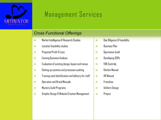 Management Services
 Market Intelligence & Research Studies
 Location feasibility studies
 Projected Profit & Loss
 Existing Business Analysis
 Evaluation of existing design, layout and menus
 Setting up systems and processes auditing
 Training need identification and delivery for staff
 Operation and Brand Manuals
 Mystery Audit Programs
 Graphic Design & Website Creation Management
 Due Diligence & Feasibility
 Business Plan
 Operations Audit
 Developing SOPs
 F&B Controls
 Kitchen Manual
 HR Manual
 Franchise
 Uniform Design
 Project
Cross Functional Offerings
 