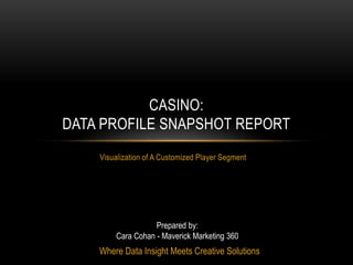 Visualization of A Customized Player Segment
CASINO:
DATA PROFILE SNAPSHOT REPORT
Prepared by:
Cara Cohan - Maverick Marketing 360
Where Data Insight Meets Creative Solutions
 