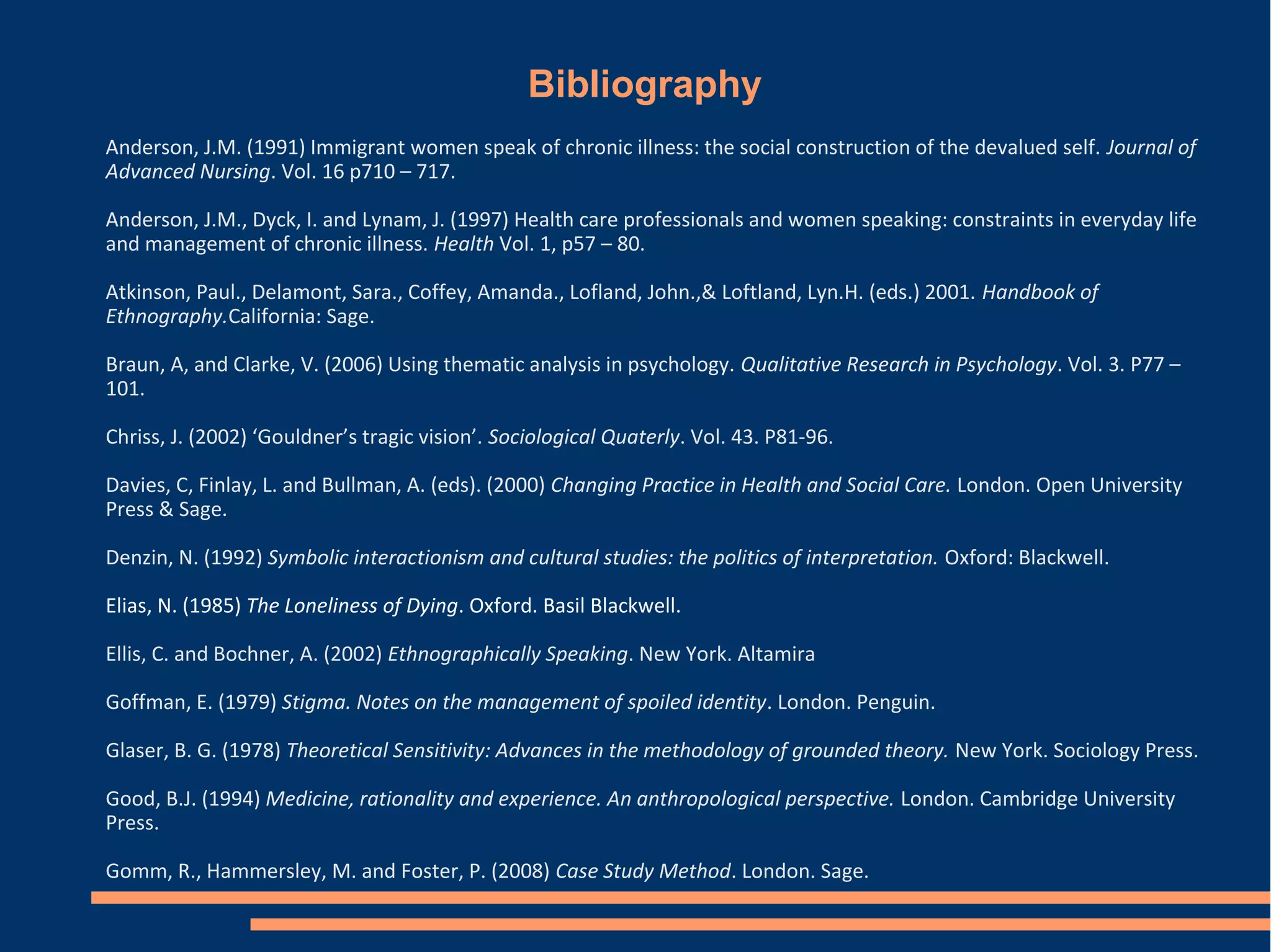 Bibliography
Anderson, J.M. (1991) Immigrant women speak of chronic illness: the social construction of the devalued self. Journal of
Advanced Nursing. Vol. 16 p710 – 717.
Anderson, J.M., Dyck, I. and Lynam, J. (1997) Health care professionals and women speaking: constraints in everyday life
and management of chronic illness. Health Vol. 1, p57 – 80.
Atkinson, Paul., Delamont, Sara., Coffey, Amanda., Lofland, John.,& Loftland, Lyn.H. (eds.) 2001. Handbook of
Ethnography.California: Sage.
Braun, A, and Clarke, V. (2006) Using thematic analysis in psychology. Qualitative Research in Psychology. Vol. 3. P77 –
101.
Chriss, J. (2002) ‘Gouldner’s tragic vision’. Sociological Quaterly. Vol. 43. P81-96.
Davies, C, Finlay, L. and Bullman, A. (eds). (2000) Changing Practice in Health and Social Care. London. Open University
Press & Sage.
Denzin, N. (1992) Symbolic interactionism and cultural studies: the politics of interpretation. Oxford: Blackwell.
Elias, N. (1985) The Loneliness of Dying. Oxford. Basil Blackwell.
Ellis, C. and Bochner, A. (2002) Ethnographically Speaking. New York. Altamira
Goffman, E. (1979) Stigma. Notes on the management of spoiled identity. London. Penguin.
Glaser, B. G. (1978) Theoretical Sensitivity: Advances in the methodology of grounded theory. New York. Sociology Press.
Good, B.J. (1994) Medicine, rationality and experience. An anthropological perspective. London. Cambridge University
Press.
Gomm, R., Hammersley, M. and Foster, P. (2008) Case Study Method. London. Sage.
 