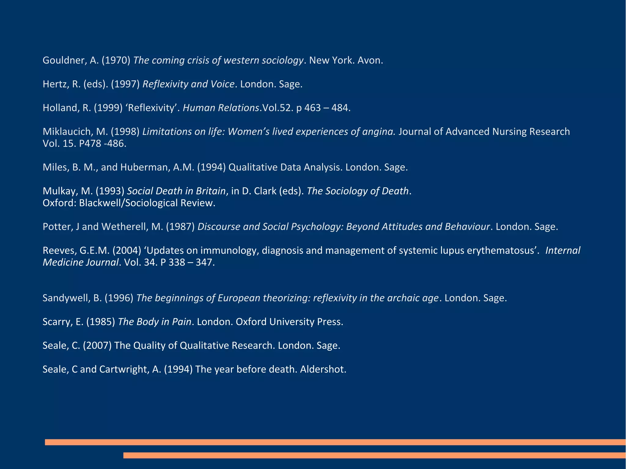 Gouldner, A. (1970) The coming crisis of western sociology. New York. Avon.
Hertz, R. (eds). (1997) Reflexivity and Voice. London. Sage.
Holland, R. (1999) ‘Reflexivity’. Human Relations.Vol.52. p 463 – 484.
Miklaucich, M. (1998) Limitations on life: Women’s lived experiences of angina. Journal of Advanced Nursing Research
Vol. 15. P478 -486.
Miles, B. M., and Huberman, A.M. (1994) Qualitative Data Analysis. London. Sage.
Mulkay, M. (1993) Social Death in Britain, in D. Clark (eds). The Sociology of Death.
Oxford: Blackwell/Sociological Review.
Potter, J and Wetherell, M. (1987) Discourse and Social Psychology: Beyond Attitudes and Behaviour. London. Sage.
Reeves, G.E.M. (2004) ‘Updates on immunology, diagnosis and management of systemic lupus erythematosus’. Internal
Medicine Journal. Vol. 34. P 338 – 347.
Sandywell, B. (1996) The beginnings of European theorizing: reflexivity in the archaic age. London. Sage.
Scarry, E. (1985) The Body in Pain. London. Oxford University Press.
Seale, C. (2007) The Quality of Qualitative Research. London. Sage.
Seale, C and Cartwright, A. (1994) The year before death. Aldershot.
 