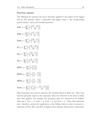 4.3. Data Treatment 41
Functions Applied
The following list presents the decay functions applied to the values of the lagged
data in this analysis, where x represents each lagged value, t, the corresponding
period number, and y, the variable generated.
Lin1 y =
X
t

x
✓
31 3t
28
◆
Lin2 y =
X
t

x
✓
15 t
14
◆
Lin3 y =
X
t

x
✓
29 t
28
◆
L1 y =
X
t

x
✓
95 2t
93
◆
L2 y =
X
t

x
✓
94 t
93
◆
L3 y =
X
t

x
✓
21 t
20
◆
INV1 y =
X
t

x
✓
1
t
◆
INV2 y =
X
t

x
✓
4
7t
+
3
7
◆
INV3 y =
X
t

x
✓
2
7t
+
5
7
◆
Cos1 y =
X
t

x
✓
1
3
✓
2 +
⇡(t 1)
31
◆◆
These functions were used to generate the variables listed in Table 4.3. They were
selected primarily based on the maximum value of t observed in the data to which
they were applied. For example, the maximum value of t observed in the Pollstar
data was 8. For t = 8, Lin1 = 3
4
, Lin2 = 1
2
, and Lin1 = 1
4
. These three functions
were, therefore, selected for application to the Pollstar data in order to preserve a
minimum of 75%, 50%, and 25% of lagged venue capacity observations, respectively.
 