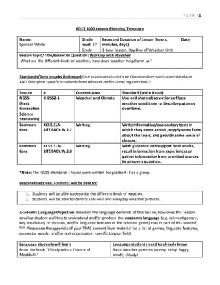P a g e | 1
EDST 3000 Lesson Planning Template
Name:
Spenser White
Grade
level: 1st
Grade
Expected Duration of Lesson (hours,
minutes, days)
1-hour lesson, Day One of Weather Unit
Date
Lesson Topic/Title/Essential Question: Working with Weather
What are the different kinds of weather, how does weather help/harm us?
Standards/Benchmarks Addressed (use practicum district’s or Common Core curriculum standards
AND Discipline specific standards from relevant professional organization):
Source # Content Area Standard (write it out)
NGSS
(Next
Generation
Science
Standards)
K-ESS2-1 Weather and Climate Use and share observations of local
weather conditions to describe patterns
over time.
Common
Core
CCSS.ELA-
LITERACY.W.1.2
Writing Write informative/explanatory texts in
which they name a topic, supply some facts
about the topic, and provide some sense of
closure.
Common
Core
CCSS.ELA-
LITERACY.W.1.8
Writing With guidance and support from adults,
recall information from experiences or
gather information from provided sources
to answer a question.
*Note: The NGSS standards I found were written for grades K-2 as a group.
Lesson Objectives: Students will be able to:
1. Students will be able to describe the different kinds of weather.
2. Students will be able to identify seasonal and everyday weather patterns.
Academic Language Objective: Based on the language demands of this lesson, how does this lesson
develop student abilities to understand and/or produce the academic language (e.g. relevant genresi,
key vocabulary or phrases, and/or linguistic features of the relevant genre) that is part of this lesson?
Note Please see the appendix of your TPAC content level material for a list of genres, linguistic features,
connector words, and/or text organization specific to your field.
Language students will learn
From the book “Cloudy with a Chance of
Meatballs”
Language students need to already know
Basic weather patterns (sunny, rainy, foggy,
windy, cloudy)
 