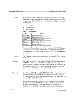 Chapter 2 – Description Production Board, EP20xxA
P700D0107R00
16
Clocks All clocks used on the EP board are generated locally and user-ready.
Therefore, the user is not required to make any additional adjustments
to operate the EP board. There are a few distinct clocking environments
on the board:
 System clock.
 Ethernet clock.
 SerDes clock.
Table 2-2 Board Clocks
Speed Device
66.66 MHz System Clock (Y1)
32.768 MHz Real-Time Clock (Y2)
26 MHz Onboard USB 1 (Y4)
25 MHz Ethernet PHY Clock
100/125 MHz SerDes REF clock (Y5)
125 MHz RGMII Clock (Y6)
An onboard clock oscillator provides the system clock (SYSCLK) input
to the processor and various internal PLLs will generate the required
clocking for the CPU peripherals. See figure 2-1 for the clock locations
and names.
Power A 2 x 3 header or expansion bus connector connects a 3.3 VDC to power
the board.
Memory The board supports two Micron MT41J256M4 DDR3 SDRAM parts at
667MHz for P10xx boards or 800MHz for P20xx boards using a
dedicated DDR3 interface. The SDRAM will support up to 1 GBytes of
data via a 32-bit bus width. There is no ECC option. Refer to SDRAM
Organization in this chapter for additional information.
Ethernet One dedicated RGMll to 10/100/1000BASE-T Ethernet port is available
on the expansion bus connection (EBC) depending on the processor.
One SGMII Ethernet port connected to an onboard PHY is available via
onboard RJ45 or SGMII to EBC.
The board supports numerous hardware configurations. In all cases,
PHY to a protocol 1588 and at least one RGMII Ethernet interface are
available through the expansion bus connection (EBC). The PHY
Ethernet port with SGMII interface communicates via TSEC port 1 on
 