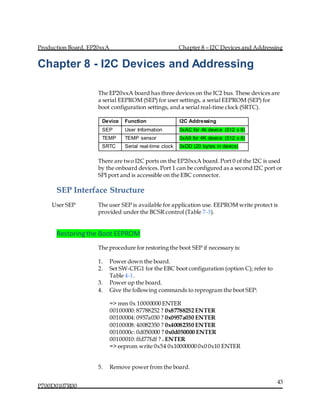 Production Board, EP20xxA Chapter 8 – I2C Devices and Addressing
P700D0107R00
43
Chapter 8 - I2C Devices and Addressing
The EP20xxA board has three devices on the IC2 bus. These devices are
a serial EEPROM (SEP) for user settings, a serial EEPROM (SEP) for
boot configuration settings, and a serial real-time clock (SRTC).
Device Function I2C Addressing
SEP User Information 0xAC for 4k device (512 x 8)
TEMP TEMP sensor 0xA9 for 4K device (512 x 8)
SRTC Serial real-time clock 0xDD (20 bytes in device)
There are two I2C ports on the EP20xxA board. Port 0 of the I2C is used
by the onboard devices. Port 1 can be configured as a second I2C port or
SPI port and is accessible on the EBC connector.
SEP Interface Structure
User SEP The user SEP is available for application use. EEPROM write protect is
provided under the BCSR control (Table 7-3).
Restoring the Boot EEPROM
The procedure for restoring the boot SEP if necessary is:
1. Power down the board.
2. Set SW-CFG1 for the EBC boot configuration (option C); refer to
Table 4-1.
3. Power up the board.
4. Give the following commands to reprogram the boot SEP:
=> mm 0x 10000000 ENTER
00100000:87788252 ? 0x87788252 ENTER
00100004: 0957a030 ? 0x0957a030 ENTER
00100008: 40082350 ? 0x40082350 ENTER
0010000c: 0d050000 ? 0x0d050000 ENTER
00100010: ffd77fdf ? . ENTER
=> eeprom write 0x54 0x10000000 0x0 0x10 ENTER
5. Remove power from the board.
 