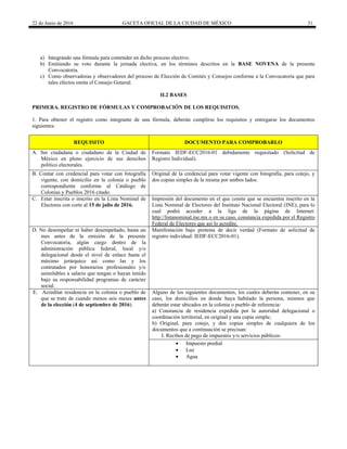 22 de Junio de 2016 GACETA OFICIAL DE LA CIUDAD DE MÉXICO 31
a) Integrando una fórmula para contender en dicho proceso electivo.
b) Emitiendo su voto durante la jornada electiva, en los términos descritos en la BASE NOVENA de la presente
Convocatoria.
c) Como observadoras y observadores del proceso de Elección de Comités y Consejos conforme a la Convocatoria que para
tales efectos emita el Consejo General.
II.2 BASES
PRIMERA. REGISTRO DE FÓRMULAS Y COMPROBACIÓN DE LOS REQUISITOS.
1. Para obtener el registro como integrante de una fórmula, deberán cumplirse los requisitos y entregarse los documentos
siguientes:
REQUISITO DOCUMENTO PARA COMPROBARLO
A. Ser ciudadana o ciudadano de la Ciudad de
México en pleno ejercicio de sus derechos
político electorales.
Formato IEDF-ECC2016-01 debidamente requisitado (Solicitud de
Registro Individual).
B. Contar con credencial para votar con fotografía
vigente, con domicilio en la colonia o pueblo
correspondiente conforme al Catálogo de
Colonias y Pueblos 2016 citado.
Original de la credencial para votar vigente con fotografía, para cotejo, y
dos copias simples de la misma por ambos lados.
C. Estar inscrita o inscrito en la Lista Nominal de
Electores con corte al 15 de julio de 2016.
Impresión del documento en el que conste que se encuentra inscrito en la
Lista Nominal de Electores del Instituto Nacional Electoral (INE), para lo
cual podrá acceder a la liga de la página de Internet:
http://listanominal.ine.mx o en su caso, constancia expedida por el Registro
Federal de Electores que así lo acredite.
D. No desempeñar ni haber desempeñado, hasta un
mes antes de la emisión de la presente
Convocatoria, algún cargo dentro de la
administración pública federal, local y/o
delegacional desde el nivel de enlace hasta el
máximo jerárquico así como las y los
contratados por honorarios profesionales y/o
asimilables a salario que tengan o hayan tenido
bajo su responsabilidad programas de carácter
social.
Manifestación bajo protesta de decir verdad (Formato de solicitud de
registro individual: IEDF-ECC2016-01).
E. Acreditar residencia en la colonia o pueblo de
que se trate de cuando menos seis meses antes
de la elección (4 de septiembre de 2016).
Alguno de los siguientes documentos, los cuales deberán contener, en su
caso, los domicilios en donde haya habitado la persona, mismos que
deberán estar ubicados en la colonia o pueblo de referencia:
a) Constancia de residencia expedida por la autoridad delegacional o
coordinación territorial, en original y una copia simple;
b) Original, para cotejo, y dos copias simples de cualquiera de los
documentos que a continuación se precisan:
I. Recibos de pago de impuestos y/o servicios públicos:
 Impuesto predial
 Luz
 Agua
 