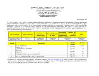 CONVOCATORIAS DE LICITACIÓN Y FALLOS
GOBIERNO DE LA CIUDAD DE MÉXICO
SECRETARÍA DE FINANZAS
Dirección General de Administración
Dirección de Recursos Materiales
Licitación Pública Nacional
Convocatoria: 003
EL C. PEDRO JESUS LARA LASTRA, Director de Recursos Materiales en la Secretaría de Finanzas, responsable de la Licitación Pública, en observancia a
la Constitución Política de los Estados Unidos Mexicanos en su artículo 134 y a los artículos, 26, 27 inciso a), 28, 30 fracción I, 32 y 43 de la Ley de
Adquisiciones para el Distrito Federal y 101-G Fracción IX del Reglamento Interior de la Administración Pública del Distrito Federal, convoca a los
interesados a participar en la Licitación Pública Nacional No. SFCDMX/DRM/LPN 30001105-003-2016, para la “CONTRATACIÓN DE
ARRENDAMIENTO DE BIENES INFORMÁTICOS PARA LA SECRETARÍA DE FINANZAS, CORRESPONDIENTE A LOS EJERCICIOS 2016-
2018”, de conformidad con los siguientes plazos:
No. de Licitación Costo de las bases
Fecha límite para
adquirir bases
Junta de Aclaración
de Bases
Presentación y apertura de
documentación legal,
administrativa, propuestas
técnica y económica
Fallo
SFCDMX/DRM/LPN
30001105-003-2016
$3,500.00
24/junio/2016
9:00-15:00 hrs
27/junio/2016
11:00 hrs
01/julio/2016
11:00 hrs
06/julio/2016
13:00 hrs
Partida Descripción
Unidad de
medida
Cantidad
1
PC DE ESCRITORIO
(DESKTOP)
EQUIPO
1,360
2
COMPUTADORA PORTÁTIL
(LAPTOP)
EQUIPO 215
8 ESCÁNER EQUIPO 50
9 IMPRESORA LÁSER (MONOCROMÁTICA) EQUIPO 400
10 MULTIFUNCIONAL LÁSER (MONOCROMÁTICO) EQUIPO 50
* Las bases de la Licitación se encuentran disponibles para consulta en Internet: http://www.finanzas.df.gob.mx, y para su consulta y venta en el domicilio de
la Convocante, en Dr. Lavista No. 144, Edificio B, acceso 2, sótano, Colonia De los Doctores, C.P. 06720, Delegación Cuauhtémoc, Ciudad de México, los
días 22, 23 y 24 de junio de 2016, con el siguiente horario: de 9:00 a 15:00 horas.
 