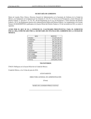 22 de Junio de 2016 GACETA OFICIAL DE LA CIUDAD DE MÉXICO 9
SECRETARÍA DE GOBIERNO
María de Lourdes Pérez Chávez, Directora General de Administración en la Secretaría de Gobierno de la Ciudad de
México, con fundamento en lo dispuesto por los Artículos 21, 44, 47 y 117 de la Ley de Presupuesto y Gasto Eficiente del
Distrito Federal; 2° fracción I, 37, 38, 39 y 40 del Reglamento de la Ley de Presupuesto y Gasto Eficiente del Distrito
Federal y 101 G, del Reglamento Interior de la Administración Pública del Distrito Federal, y en cumplimiento a la Circular
Número JG/MAM/0099/2014, publicada en la Gaceta Oficial del Distrito Federal, el 10 de noviembre de 2014, se emite el
siguiente:
AVISO POR EL QUE SE DA A CONOCER EL CALENDARIO PRESUPUESTAL PARA EL EJERCICIO
FISCAL 2016, COMUNICADO POR LA SECRETARÍA DE FINANZAS DEL GOBIERNO DE LA CIUDAD DE
MÉXICO.
MES MONTO
ENERO 213,697,656.53
FEBRERO 414,303,448.50
MARZO 346,107,563.48
ABRIL 297,109,404.50
MAYO 346,568,760.58
JUNIO 319,988,794.26
JULIO 353,675,346.48
AGOSTO 298,122,397.50
SEPTIEMBRE 311,835,362.48
OCTUBRE 273,228,263.08
NOVIEMBRE 284,031,597.89
DICIEMBRE 396,011,563.72
TOTAL 3,854,680,159.00
TRANSITORIOS
ÚNICO: Publíquese en la Gaceta Oficial de la Ciudad de México.
Ciudad de México, a los 16 días de junio de 2016.
ATENTAMENTE
DIRECTORA GENERAL DE ADMINISTRACIÓN
(Firma)
____________________________________
MARÍA DE LOURDES PÉREZ CHÁVEZ
 