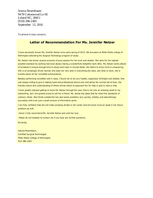 my letter from jessica letter of recommendation for surgical technician