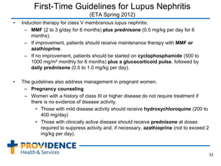 First-Time Guidelines for Lupus Nephritis
(ETA Spring 2012)
• Induction therapy for class V membranous lupus nephritis:
– MMF (2 to 3 g/day for 6 months) plus prednisone (0.5 mg/kg per day for 6
months).
– If improvement, patients should receive maintenance therapy with MMF or
azathioprine.
– If no improvement, patients should be started on cyclophosphamide (500 to
1000 mg/m² monthly for 6 months) plus a glucocorticoid pulse, followed by
daily prednisone (0.5 to 1.0 mg/kg per day).
• The guidelines also address management in pregnant women.
– Pregnancy counseling
– Women with a history of class III or higher disease do not require treatment if
there is no evidence of disease activity.
• Those with mild disease activity should receive hydroxychloroquine (200 to
400 mg/day)
• Those with clinically active disease should receive prednisone at doses
required to suppress activity and, if necessary, azathioprine (not to exceed 2
mg/kg per day).
33
 