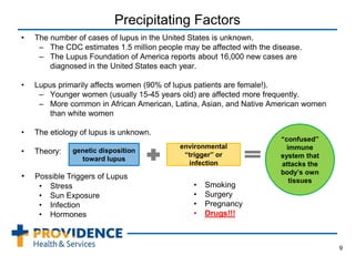 Precipitating Factors
• The number of cases of lupus in the United States is unknown.
– The CDC estimates 1.5 million people may be affected with the disease.
– The Lupus Foundation of America reports about 16,000 new cases are
diagnosed in the United States each year.
• Lupus primarily affects women (90% of lupus patients are female!).
– Younger women (usually 15-45 years old) are affected more frequently.
– More common in African American, Latina, Asian, and Native American women
than white women
• The etiology of lupus is unknown.
• Theory:
9
genetic disposition
toward lupus
environmental
“trigger” or
infection
“confused”
immune
system that
attacks the
body’s own
tissues
• Possible Triggers of Lupus
• Stress
• Sun Exposure
• Infection
• Hormones
• Smoking
• Surgery
• Pregnancy
• Drugs!!!
 