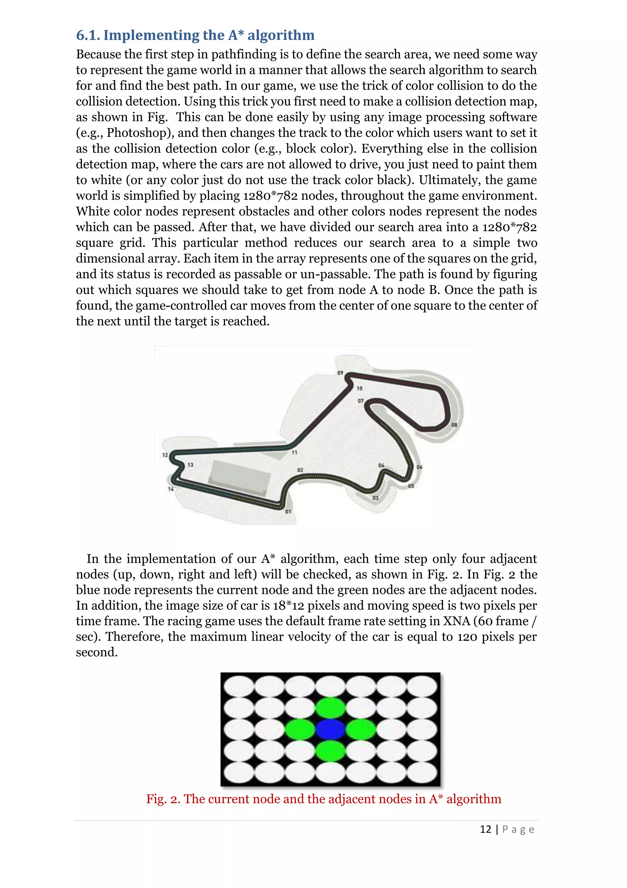 12 | P a g e
6.1. Implementing the A* algorithm
Because the first step in pathfinding is to define the search area, we need some way
to represent the game world in a manner that allows the search algorithm to search
for and find the best path. In our game, we use the trick of color collision to do the
collision detection. Using this trick you first need to make a collision detection map,
as shown in Fig. This can be done easily by using any image processing software
(e.g., Photoshop), and then changes the track to the color which users want to set it
as the collision detection color (e.g., block color). Everything else in the collision
detection map, where the cars are not allowed to drive, you just need to paint them
to white (or any color just do not use the track color black). Ultimately, the game
world is simplified by placing 1280*782 nodes, throughout the game environment.
White color nodes represent obstacles and other colors nodes represent the nodes
which can be passed. After that, we have divided our search area into a 1280*782
square grid. This particular method reduces our search area to a simple two
dimensional array. Each item in the array represents one of the squares on the grid,
and its status is recorded as passable or un-passable. The path is found by figuring
out which squares we should take to get from node A to node B. Once the path is
found, the game-controlled car moves from the center of one square to the center of
the next until the target is reached.
In the implementation of our A* algorithm, each time step only four adjacent
nodes (up, down, right and left) will be checked, as shown in Fig. 2. In Fig. 2 the
blue node represents the current node and the green nodes are the adjacent nodes.
In addition, the image size of car is 18*12 pixels and moving speed is two pixels per
time frame. The racing game uses the default frame rate setting in XNA (60 frame /
sec). Therefore, the maximum linear velocity of the car is equal to 120 pixels per
second.
Fig. 2. The current node and the adjacent nodes in A* algorithm
 
