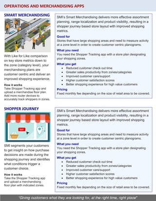OPERATIONS AND MERCHANDISING APPS
SMART MERCHANDISING
With Like for Like comparison
on key store metrics down to
the zone (category level), your
merchandising plans are
customer centric and deliver an
improved shopping experience.
SHOPPER JOURNEY
How it works
Take Shopper Tracking app and
upload a merchandise floor plan.
Add more router devices to
accurately track shoppers in zones.
SMI’s Smart Merchandising delivers more effective assortment
planning, range localization and product visibility, resulting in a
shopper journey based store layout with improved shopping
metrics.
Good for
Stores that have large shopping areas and need to measure activity
at a zone level in order to create customer centric planograms.
What you need
You need the Shopper Tracking app with a store plan designating
your shopping zones.
What you get
• Reduced customer check out time
• Greater sales productivity from zones/categories
• Improved customer care/support
• Higher customer satisfaction scores
• Better shopping experience for high value customers
Pricing
Fixed monthly fee depending on the size of retail area to be covered.
SMI’s Smart Merchandising delivers more effective assortment
planning, range localization and product visibility, resulting in a
shopper journey based store layout with improved shopping
metrics.
Good for
Stores that have large shopping areas and need to measure activity
at a zone level in order to create customer centric planograms.
What you need
You need the Shopper Tracking app with a store plan designating
your shopping zones.
What you get
• Reduced customer check out time
• Greater sales productivity from zones/categories
• Improved customer care/support
• Higher customer satisfaction scores
• Better shopping experience for high value customers
Pricing
Fixed monthly fee depending on the size of retail area to be covered.
How it works
Take the Shopper Tracking app
and upload a merchandising
floor plan with indicated zones.
SMI segments your customers
to get insight on how purchase
decisions are made during the
shopping journey and identifies
what conditions trigger a
customer choice.
 