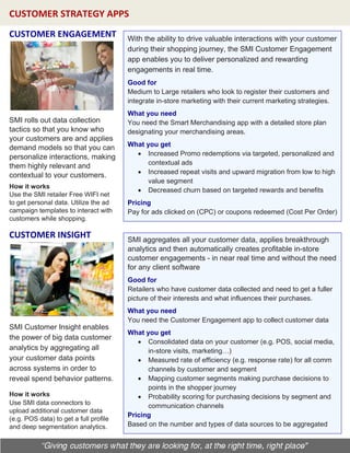 CUSTOMER STRATEGY APPS
CUSTOMER ENGAGEMENT
SMI rolls out data collection
tactics so that you know who
your customers are and applies
demand models so that you can
personalize interactions, making
them highly relevant and
contextual to your customers.
How it works
Use the SMI retailer Free WIFI net
to get personal data. Utilize the ad
campaign templates to interact with
customers while shopping.
With the ability to drive valuable interactions with your customer
during their shopping journey, the SMI Customer Engagement
app enables you to deliver personalized and rewarding
engagements in real time.
Good for
Medium to Large retailers who look to register their customers and
integrate in-store marketing with their current marketing strategies.
What you need
You need the Smart Merchandising app with a detailed store plan
designating your merchandising areas.
What you get
• Increased Promo redemptions via targeted, personalized and
contextual ads
• Increased repeat visits and upward migration from low to high
value segment
• Decreased churn based on targeted rewards and benefits
Pricing
Pay for ads clicked on (CPC) or coupons redeemed (Cost Per Order)
SMI Customer Insight enables
the power of big data customer
analytics by aggregating all
your customer data points
across systems in order to
reveal spend behavior patterns.
SMI aggregates all your customer data, applies breakthrough
analytics and then automatically creates profitable in-store
customer engagements - in near real time and without the need
for any client software
Good for
Retailers who have customer data collected and need to get a fuller
picture of their interests and what influences their purchases.
What you need
You need the Customer Engagement app to collect customer data
What you get
• Consolidated data on your customer (e.g. POS, social media,
in-store visits, marketing…)
• Measured rate of efficiency (e.g. response rate) for all comm
channels by customer and segment
• Mapping customer segments making purchase decisions to
points in the shopper journey
• Probability scoring for purchasing decisions by segment and
communication channels
Pricing
Based on the number and types of data sources to be aggregated
CUSTOMER INSIGHT
How it works
Use SMI data connectors to
upload additional customer data
(e.g. POS data) to get a full profile
and deep segmentation analytics.
 