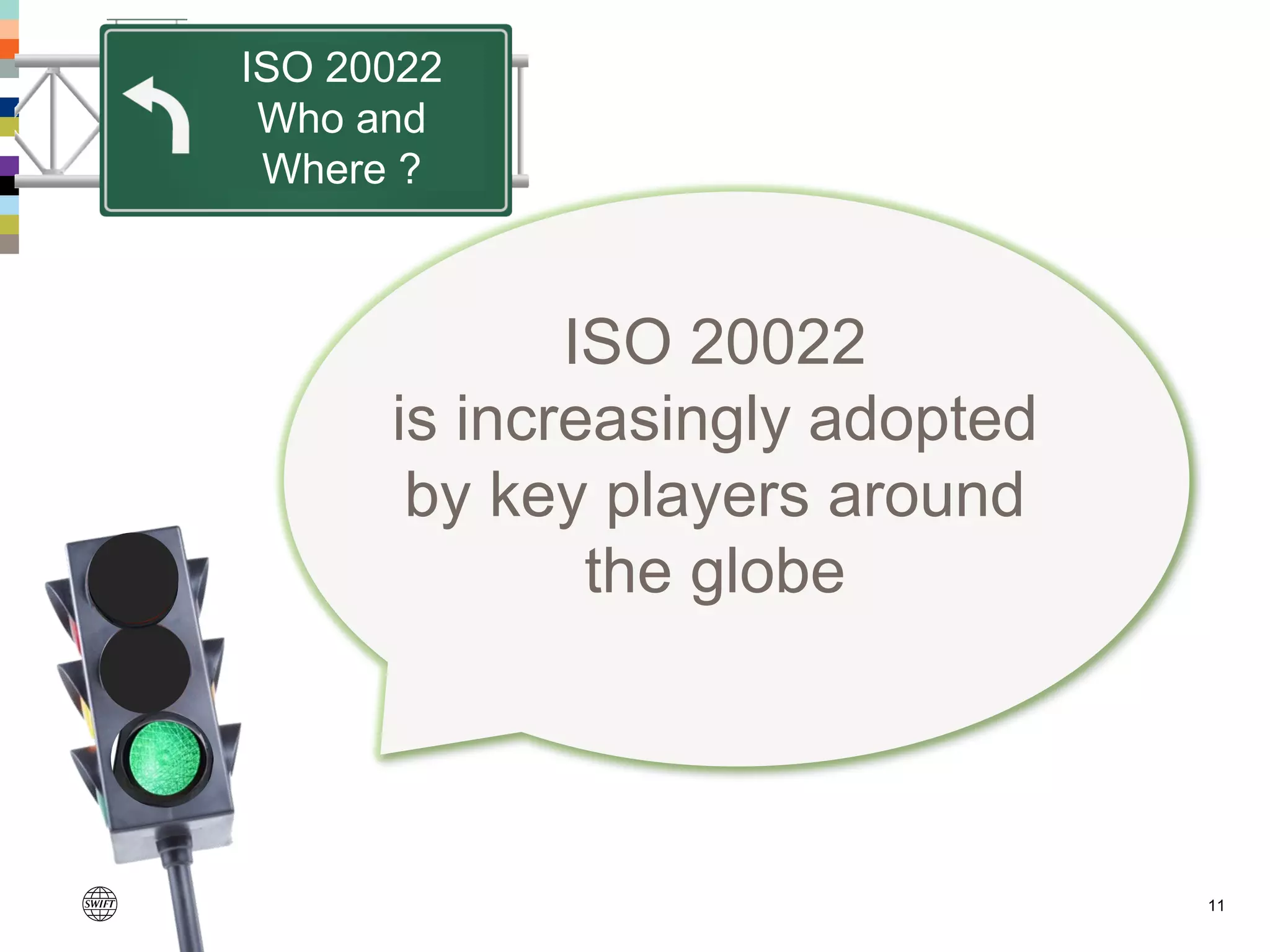 11
ISO 20022
Who and
Where ?
ISO 20022
is increasingly adopted
by key players around
the globe
 