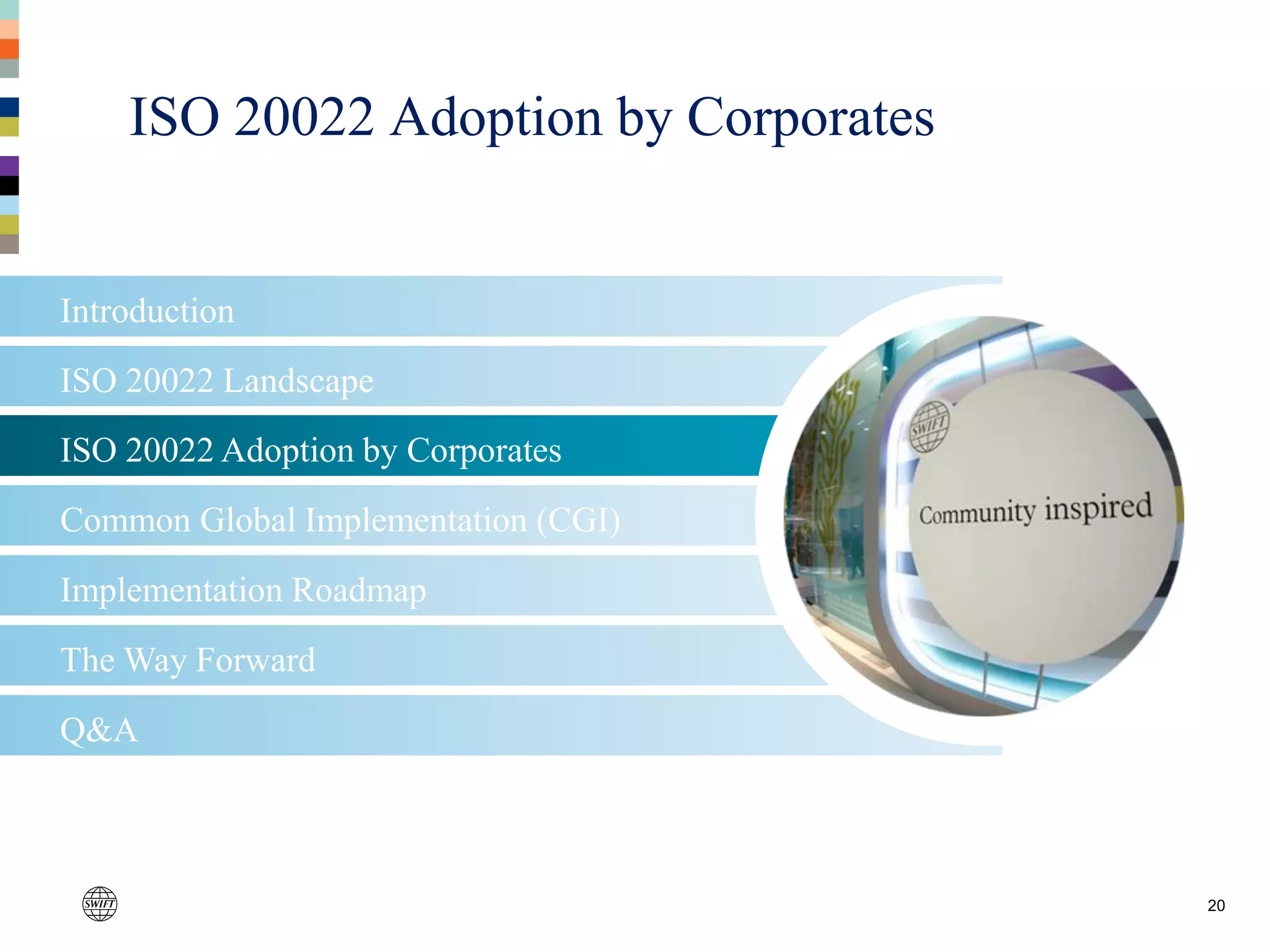 The Way Forward
Implementation Roadmap
Common Global Implementation (CGI)
20
Introduction
ISO 20022 Landscape
ISO 20022 Adoption by Corporates
Q&A
ISO 20022 Adoption by Corporates
 