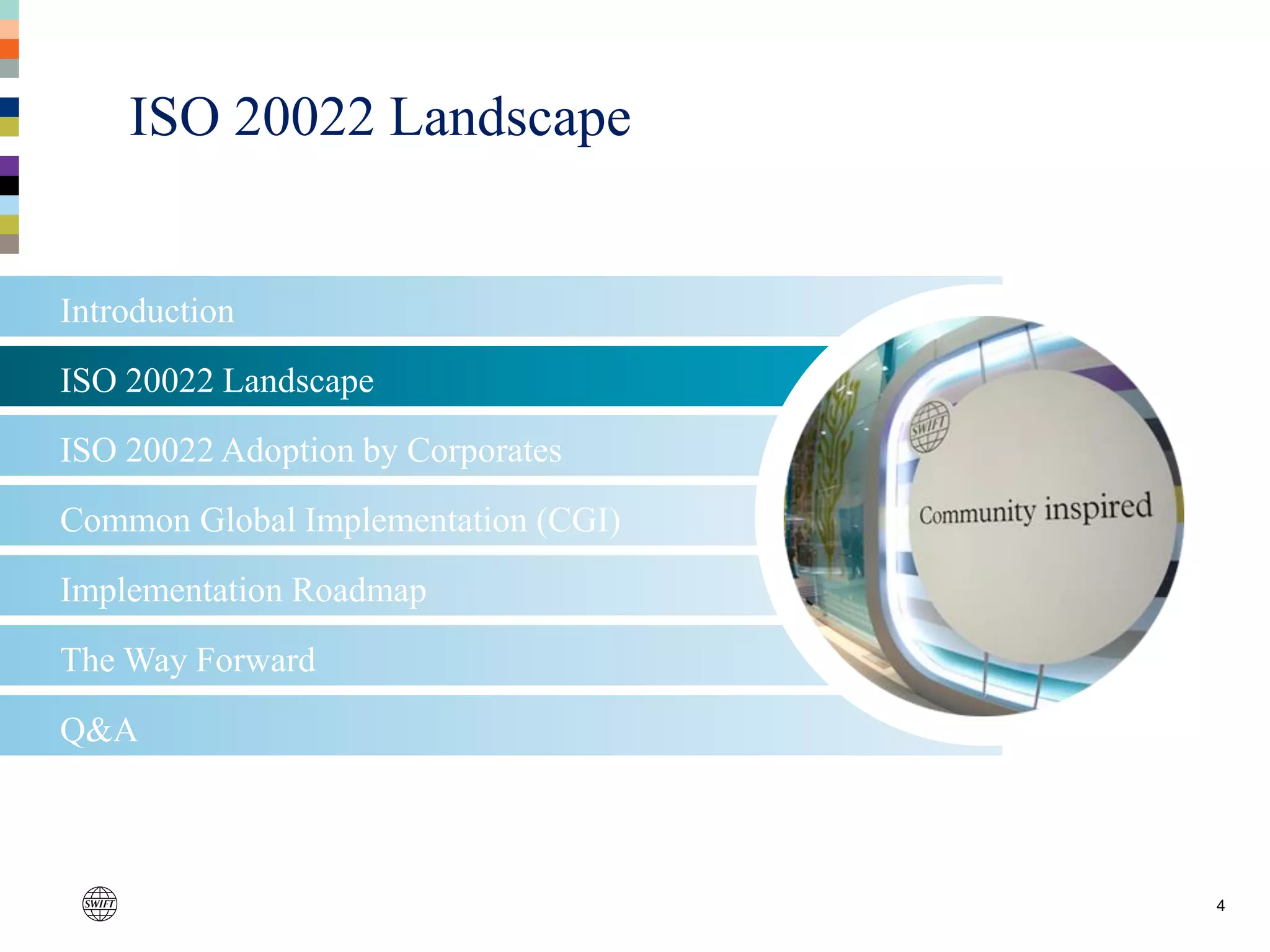The Way Forward
Implementation Roadmap
Common Global Implementation (CGI)
4
Introduction
ISO 20022 Landscape
ISO 20022 Adoption by Corporates
Q&A
ISO 20022 Landscape
 