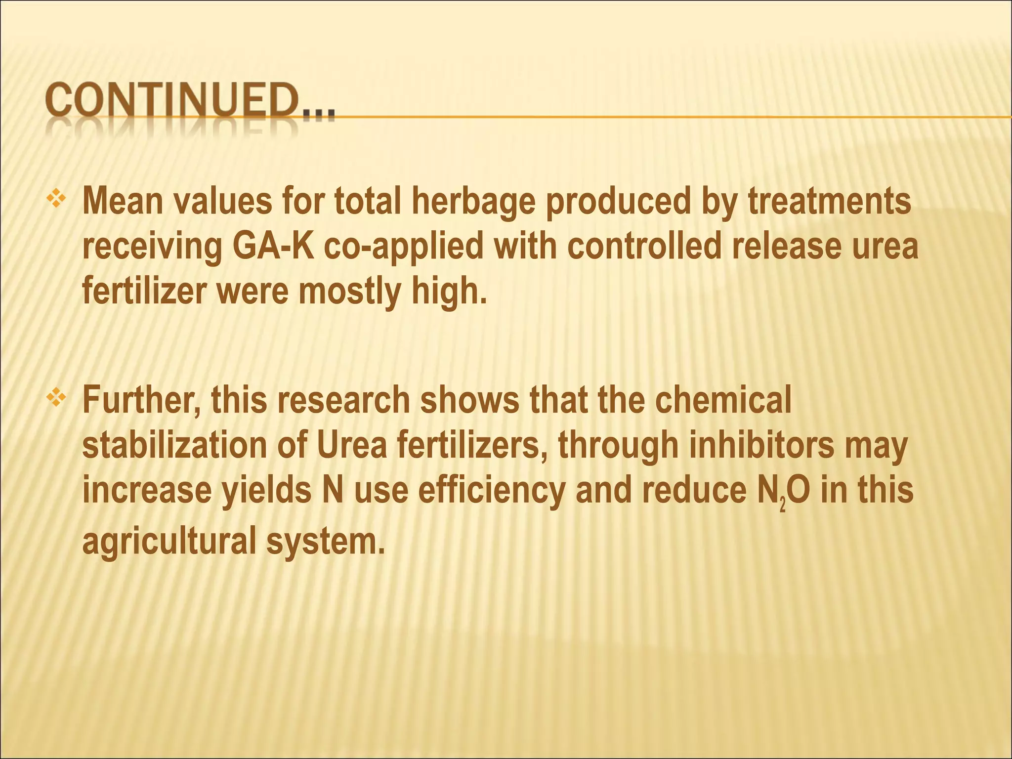  Mean values for total herbage produced by treatments
receiving GA-K co-applied with controlled release urea
fertilizer were mostly high.
 Further, this research shows that the chemical
stabilization of Urea fertilizers, through inhibitors may
increase yields N use efficiency and reduce N2O in this
agricultural system.
 
