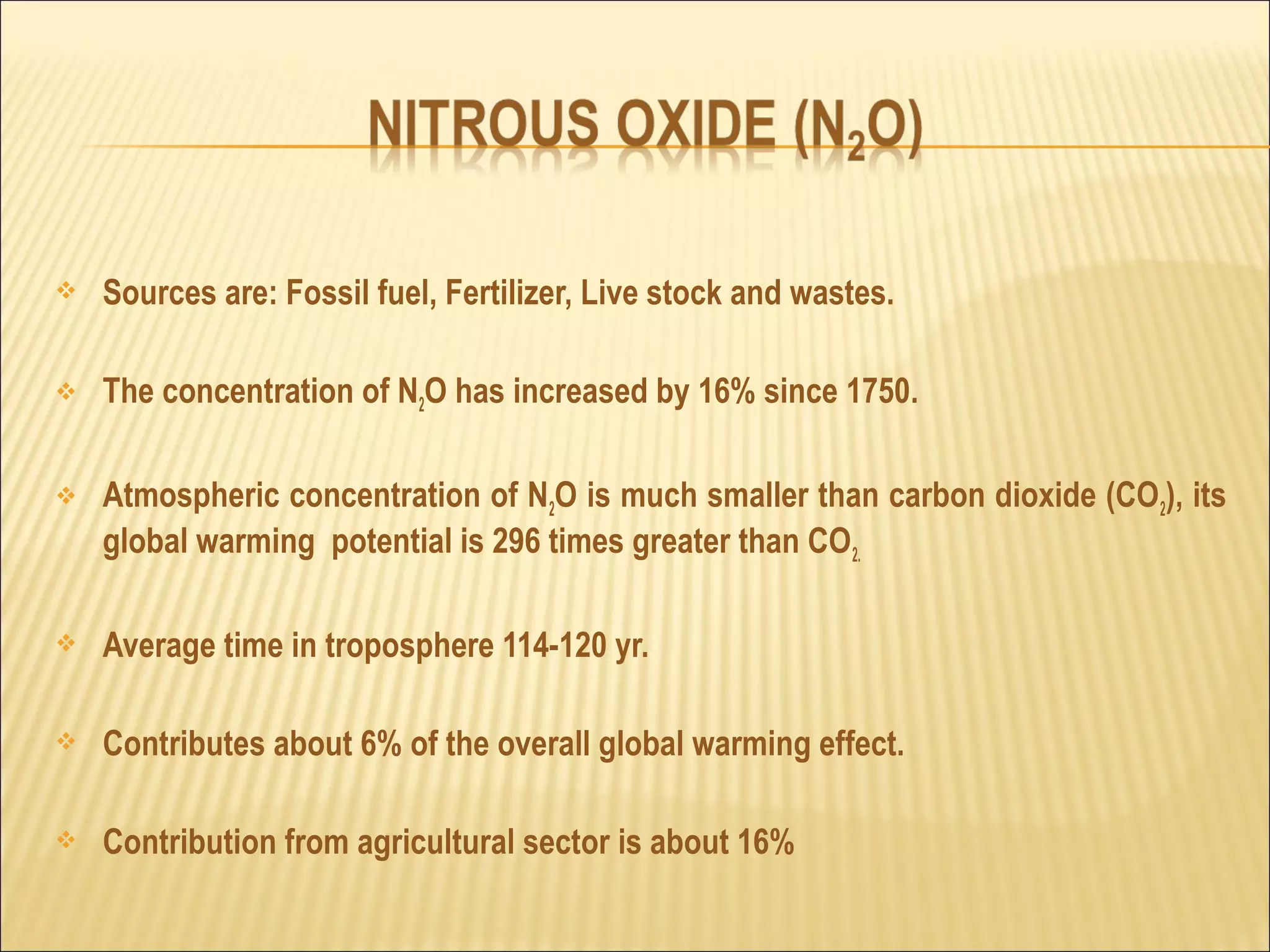  Sources are: Fossil fuel, Fertilizer, Live stock and wastes.
 The concentration of N2O has increased by 16% since 1750.
 Atmospheric concentration of N2O is much smaller than carbon dioxide (CO2), its
global warming potential is 296 times greater than CO2.
 Average time in troposphere 114-120 yr.
 Contributes about 6% of the overall global warming effect.
 Contribution from agricultural sector is about 16%
 