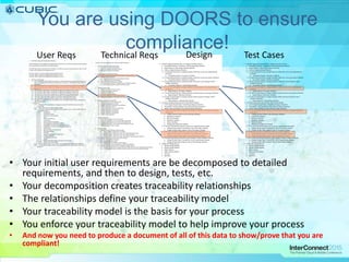 You are using DOORS to ensure
compliance!
1. 820.30(b) Design and Development Planning
Each manufacturer shall establish and maintain plans that describe or reference the design and development
activities and define responsibility for implementation.
The plans shall identify and describe the interfaces with different groups or activities that provide, or result
in, input to the design and development process.
The plans shall be reviewed as design and development evolves.
The plans shall be updated as design and development evolves.
The plans shall be approved as design and development evolves.
2. 820.30(c) Design Input
2.1. Each manufacturer shall establish procedures to ensure that the design requirements relating to a
device are appropriate and address the intended use of the device, including the needs of the user
and patient.
2.2. Each manufacturer shall maintain procedures to ensure that the design requirements relating to a
device are appropriate and address the intended use of the device, including the needs of the user
and patient.
2.3. The procedures shall include a mechanism for addressing incomplete requirements.
2.4. The procedures shall include a mechanism for addressing ambiguous requirements.
2.5. The procedures shall include a mechanism for addressing conflicting requirements.
2.6. The design input requirements shall be documented by a designated individual(s).
2.7. The design input requirements shall be reviewed by a designated individual(s).
2.8. The design input requirements shall be approved by a designated individual(s).
2.9. The approval, including the date and signature of the individual(s) approving the requirements,
shall be documented.
2.10.Questions.
2.10.1. Summarize the manufacturer's written procedure(s) for identification and control of
design input.
2.10.2. From what sources are design inputs sought?
2.10.3. Do design input procedures cover the relevant aspects, such as: (Mark all that apply and
list additional aspects.)
2.10.3.1. intended use
2.10.3.2. user/patient/clinical
2.10.3.3. performance characteristics
2.10.3.4. safety
2.10.3.5. limits and tolerances
2.10.3.6. risk analysis
2.10.3.7. toxicity and biocompatibility
2.10.3.8. electromagnetic compatibility (EMC)
2.10.3.9. compatibility with accessories/auxiliary devices
2.10.3.10. compatibility with the environment of intended use
2.10.3.11. human factors
2.10.3.12. physical/chemical characteristics
2.10.3.13. labeling/packaging
2.10.3.14. reliability
2.10.3.15. statutory and regulatory requirements
2.10.3.16. voluntary standards
2.10.3.17. manufacturing processes
2.10.3.18. sterility
2.10.3.19. MDRs/complaints/failures and other historical data
2.10.3.20. design history files (DHFs)
2.10.4. For the specific design covered, how were the design input requirements identified?
2.10.5. For the specific design covered, how were the design input requirements reviewed for
adequacy?
Comply with FDA Design Control Guidance GMP Regulation
1. Capture design and related information
1.1. Input electronically formatted data
1.2. Reference external information sources
1.3. Reference external documentation
2. Store design and related information
2.1. Identify and tag design information as unique “design elements”
2.2. Organize design elements
2.2.1. Organize by Design Control Guidance Element
2.2.2. Organize by inter-relationships
2.3. Ensure all design elements are available
2.3.1. Store design elements by Design Control Guidance Element
2.3.2. Store design elements and their historical values
3. Manage all user needs
3.1. Identify the source of the user need
3.2. Identify all user types (groups)
3.3. Identify the customer (s)
3.4. Profile the expected patients
3.5. State the intended use of the product (family)
3.6. Capture the acceptance criteria for each user need
4. Manage design input requirements
4.1. Identify the source of the requirement
4.2. Identify the associated user need
4.3. Capture requirement description and attributes
4.4. Capture acceptance criteria
4.5. Assign responsibility for each requirement
4.6. Manage incomplete requirements
4.7. Manage ambiguous requirements
4.8. Manage conflicting requirements
4.9. Approve all requirements
5. Manage acceptance
5.1. Ensure the acceptance of every user need
5.2. Ensure the acceptance of every design input requirement
5.3. Document the results of every user need acceptance test
5.4. Document the results of every design input requirements test
5.5. Make acceptance results available
6. Manage change
6.1. Maintain history of design element changes
6.1.1. Make complete change history available
6.1.2. Maintain history within and across any organizational procedure
6.1.3. Maintain history within and across any project milestone
6.1.4. Maintain history within and across any Design Control Guidance Elements
6.2. Capture frequency and nature of element changes
6.2.1. Provide rationale for change
6.2.2. Describe decisions made
6.2.3. Identify approval authority for the change
6.2.4. Capture date, time, and signature of approving authority
6.3. Identify impacted elements due to a change in another element
6.3.1. Create backward traces to design elements within and across any organizational procedure
6.3.2. Create backward traces to design elements within and across any project milestone
1.1. Identify impacted elements due to a change in another element
 Traceability Reports: consistency with driving design elements
 Impact Reports: other design elements affected
 Links to impacted design elements
1.1.1.Create backward traces to design elements within and across any organizational
procedure
 Traceability Reports: Procedure Attribute
1.1.2.Create backward traces to design elements within and across any project milestone
 Traceability Reports: Milestone Attribute
1.1.3.Create backward traces to design elements within and across Design Control
Guidance Elements
 Traceability Reports: Linked design elements
1.1.4.Create forward impacts to design elements within and across any organizational
procedure
 Impact Reports: Procedure Attribute
1.1.5.Create forward impacts to design elements within and across any project milestone
 Impact Reports: Milestone Attribute
1.1.6.Create forward impacts to design elements within and across Design Control
Guidance Elements
 Impact Reports: Linked design elements
1.2. Associate changed design elements with related elements
 Link Change Design Object with affected design element(s)
 Traceability Links and Reports from affected design element(s)
 Impact Links and Reports from affected design element(s)
1.2.1.Associate design element changes with decisions, rationale, and approval authority
information
 Change Decision Objects with following Attributes:
 Disposition Attribute
 Decision Attribute
 Rationale Attribute
 Owner Attribute
 Management Approval Attribute
1.2.2.Provide associations within and across any organizational procedure
 Change Design Object Traceability Link on Procedure Attribute
 Change Design Object Impacts Link on Procedure Attribute
1.2.3.Provide associations within and across any project milestone
 Change Design Object Traceability Link on Milestone Attribute
 Change Design Object Impacts Link on Milestone Attribute
1.2.4.Provide associations within and across Design Control Guidance Elements
 Change Design Object Traceability Link to traced design elements
 Change Design Object Impacts Link to linked design elements
1.3. Mange the change process
 Design Change Module
 Design Change Reports
 Object History
 Object History Reports
 Versions
 Baselines
1. 820.30(b) Design and Development Planning
Each manufacturer shall establish and maintain plans that describe or reference the design and development
activities and define responsibility for implementation.
The plans shall identify and describe the interfaces with different groups or activities that provide, or result
in, input to the design and development process.
The plans shall be reviewed as design and development evolves.
The plans shall be updated as design and development evolves.
The plans shall be approved as design and development evolves.
2. 820.30(c) Design Input
2.1. Each manufacturer shall establish procedures to ensure that the design requirements relating to a
device are appropriate and address the intended use of the device, including the needs of the user
and patient.
2.2. Each manufacturer shall maintain procedures to ensure that the design requirements relating to a
device are appropriate and address the intended use of the device, including the needs of the user
and patient.
2.3. The procedures shall include a mechanism for addressing incomplete requirements.
2.4. The procedures shall include a mechanism for addressing ambiguous requirements.
2.5. The procedures shall include a mechanism for addressing conflicting requirements.
2.6. The design input requirements shall be documented by a designated individual(s).
2.7. The design input requirements shall be reviewed by a designated individual(s).
2.8. The design input requirements shall be approved by a designated individual(s).
2.9. The approval, including the date and signature of the individual(s) approving the requirements,
shall be documented.
2.10.Questions.
2.10.1. Summarize the manufacturer's written procedure(s) for identification and control of
design input.
2.10.2. From what sources are design inputs sought?
2.10.3. Do design input procedures cover the relevant aspects, such as: (Mark all that apply and
list additional aspects.)
2.10.3.1. intended use
2.10.3.2. user/patient/clinical
2.10.3.3. performance characteristics
2.10.3.4. safety
2.10.3.5. limits and tolerances
2.10.3.6. risk analysis
2.10.3.7. toxicity and biocompatibility
2.10.3.8. electromagnetic compatibility (EMC)
2.10.3.9. compatibility with accessories/auxiliary devices
2.10.3.10. compatibility with the environment of intended use
2.10.3.11. human factors
2.10.3.12. physical/chemical characteristics
2.10.3.13. labeling/packaging
2.10.3.14. reliability
2.10.3.15. statutory and regulatory requirements
2.10.3.16. voluntary standards
2.10.3.17. manufacturing processes
2.10.3.18. sterility
2.10.3.19. MDRs/complaints/failures and other historical data
2.10.3.20. design history files (DHFs)
2.10.4. For the specific design covered, how were the design input requirements identified?
2.10.5. For the specific design covered, how were the design input requirements reviewed for
adequacy?
Comply with FDA Design Control Guidance GMP Regulation
1. Capture design and related information
1.1. Input electronically formatted data
1.2. Reference external information sources
1.3. Reference external documentation
2. Store design and related information
2.1. Identify and tag design information as unique “design elements”
2.2. Organize design elements
2.2.1. Organize by Design Control Guidance Element
2.2.2. Organize by inter-relationships
2.3. Ensure all design elements are available
2.3.1. Store design elements by Design Control Guidance Element
2.3.2. Store design elements and their historical values
3. Manage all user needs
3.1. Identify the source of the user need
3.2. Identify all user types (groups)
3.3. Identify the customer (s)
3.4. Profile the expected patients
3.5. State the intended use of the product (family)
3.6. Capture the acceptance criteria for each user need
4. Manage design input requirements
4.1. Identify the source of the requirement
4.2. Identify the associated user need
4.3. Capture requirement description and attributes
4.4. Capture acceptance criteria
4.5. Assign responsibility for each requirement
4.6. Manage incomplete requirements
4.7. Manage ambiguous requirements
4.8. Manage conflicting requirements
4.9. Approve all requirements
5. Manage acceptance
5.1. Ensure the acceptance of every user need
5.2. Ensure the acceptance of every design input requirement
5.3. Document the results of every user need acceptance test
5.4. Document the results of every design input requirements test
5.5. Make acceptance results available
6. Manage change
6.1. Maintain history of design element changes
6.1.1. Make complete change history available
6.1.2. Maintain history within and across any organizational procedure
6.1.3. Maintain history within and across any project milestone
6.1.4. Maintain history within and across any Design Control Guidance Elements
6.2. Capture frequency and nature of element changes
6.2.1. Provide rationale for change
6.2.2. Describe decisions made
6.2.3. Identify approval authority for the change
6.2.4. Capture date, time, and signature of approving authority
6.3. Identify impacted elements due to a change in another element
6.3.1. Create backward traces to design elements within and across any organizational procedure
6.3.2. Create backward traces to design elements within and across any project milestone
1.1. Identify impacted elements due to a change in another element
 Traceability Reports: consistency with driving design elements
 Impact Reports: other design elements affected
 Links to impacted design elements
1.1.1.Create backward traces to design elements within and across any organizational
procedure
 Traceability Reports: Procedure Attribute
1.1.2.Create backward traces to design elements within and across any project milestone
 Traceability Reports: Milestone Attribute
1.1.3.Create backward traces to design elements within and across Design Control
Guidance Elements
 Traceability Reports: Linked design elements
1.1.4.Create forward impacts to design elements within and across any organizational
procedure
 Impact Reports: Procedure Attribute
1.1.5.Create forward impacts to design elements within and across any project milestone
 Impact Reports: Milestone Attribute
1.1.6.Create forward impacts to design elements within and across Design Control
Guidance Elements
 Impact Reports: Linked design elements
1.2. Associate changed design elements with related elements
 Link Change Design Object with affected design element(s)
 Traceability Links and Reports from affected design element(s)
 Impact Links and Reports from affected design element(s)
1.2.1.Associate design element changes with decisions, rationale, and approval authority
information
 Change Decision Objects with following Attributes:
 Disposition Attribute
 Decision Attribute
 Rationale Attribute
 Owner Attribute
 Management Approval Attribute
1.2.2.Provide associations within and across any organizational procedure
 Change Design Object Traceability Link on Procedure Attribute
 Change Design Object Impacts Link on Procedure Attribute
1.2.3.Provide associations within and across any project milestone
 Change Design Object Traceability Link on Milestone Attribute
 Change Design Object Impacts Link on Milestone Attribute
1.2.4.Provide associations within and across Design Control Guidance Elements
 Change Design Object Traceability Link to traced design elements
 Change Design Object Impacts Link to linked design elements
1.3. Mange the change process
 Design Change Module
 Design Change Reports
 Object History
 Object History Reports
 Versions
 Baselines
User Reqs Technical Reqs Test CasesDesign
• Your initial user requirements are be decomposed to detailed
requirements, and then to design, tests, etc.
• Your decomposition creates traceability relationships
• The relationships define your traceability model
• Your traceability model is the basis for your process
• You enforce your traceability model to help improve your process
• And now you need to produce a document of all of this data to show/prove that you are
compliant!
 