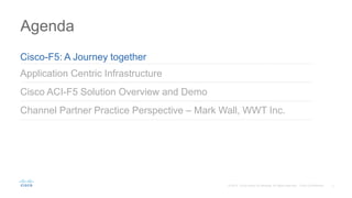 Agenda
Application Centric Infrastructure
Channel Partner Practice Perspective – Mark Wall, WWT Inc.
Cisco ACI-F5 Solution Overview and Demo
Cisco-F5: A Journey together
 